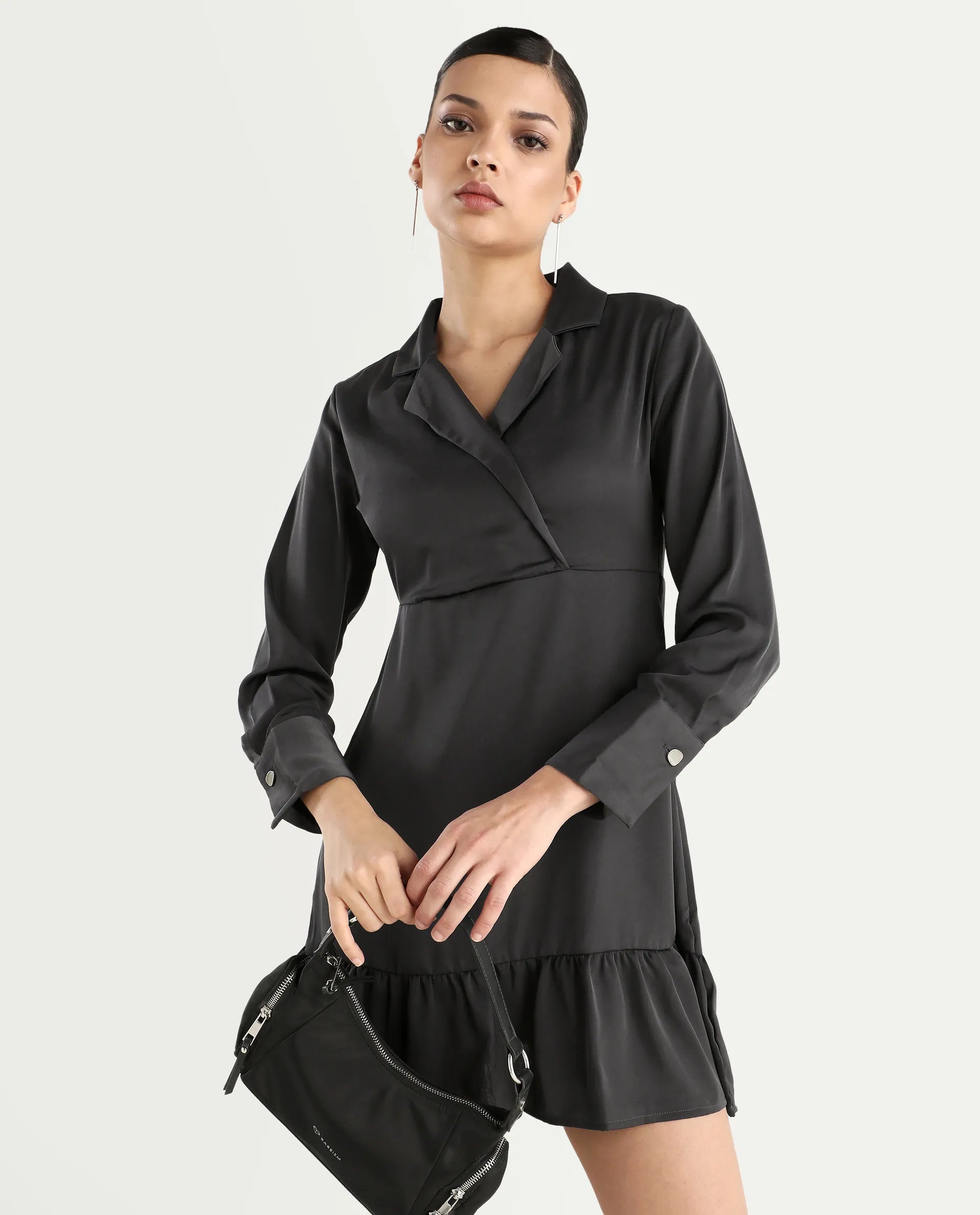 Rareism Women's Michiko Grey Satin Lapel Neck Plain Cuffed Sleeve Mini Fit And Flare Dress