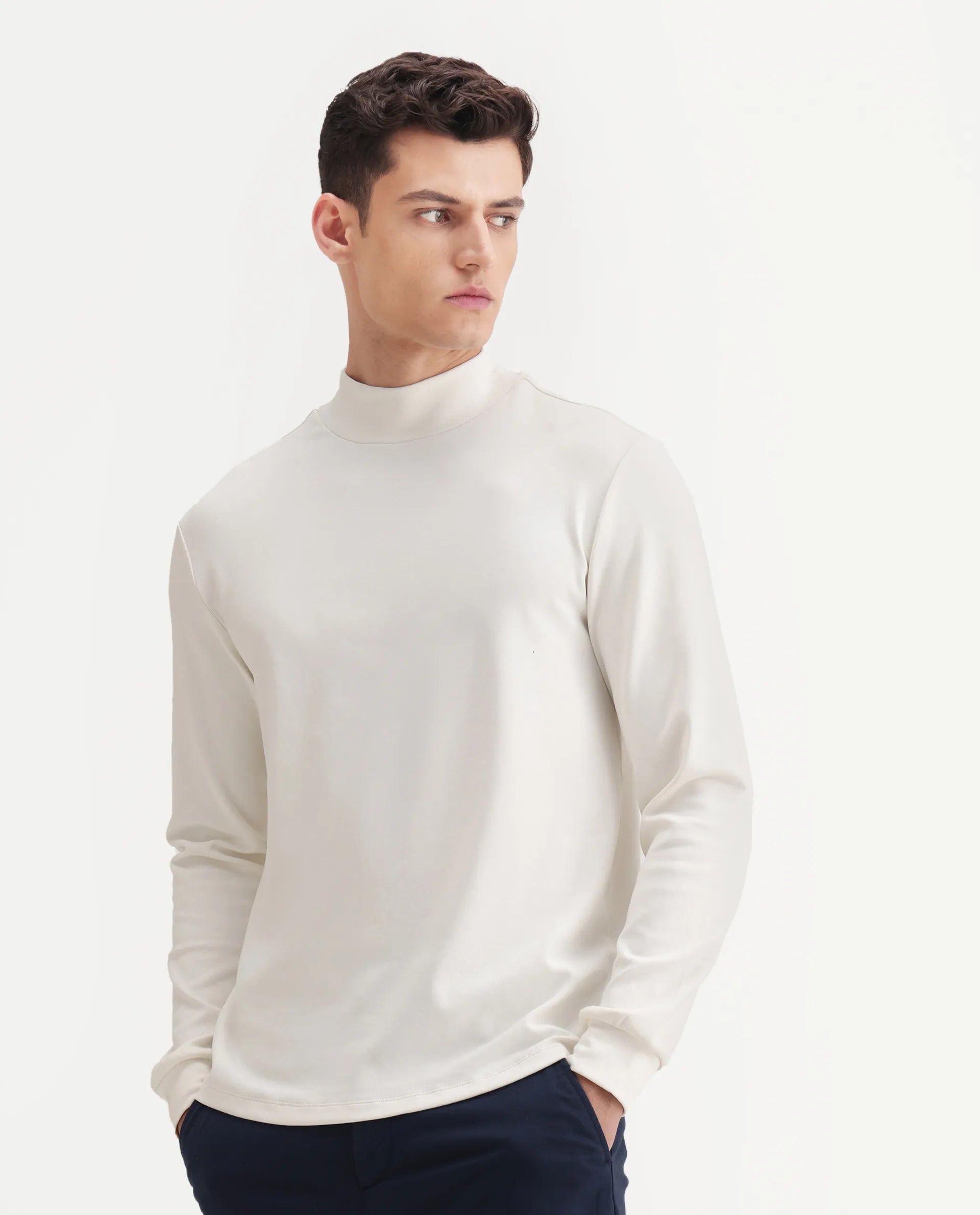 Rare Rabbit Men's Mick Off White Cotton Blend Plain Regular Fit Full Sleeve High Neck T-Shirt