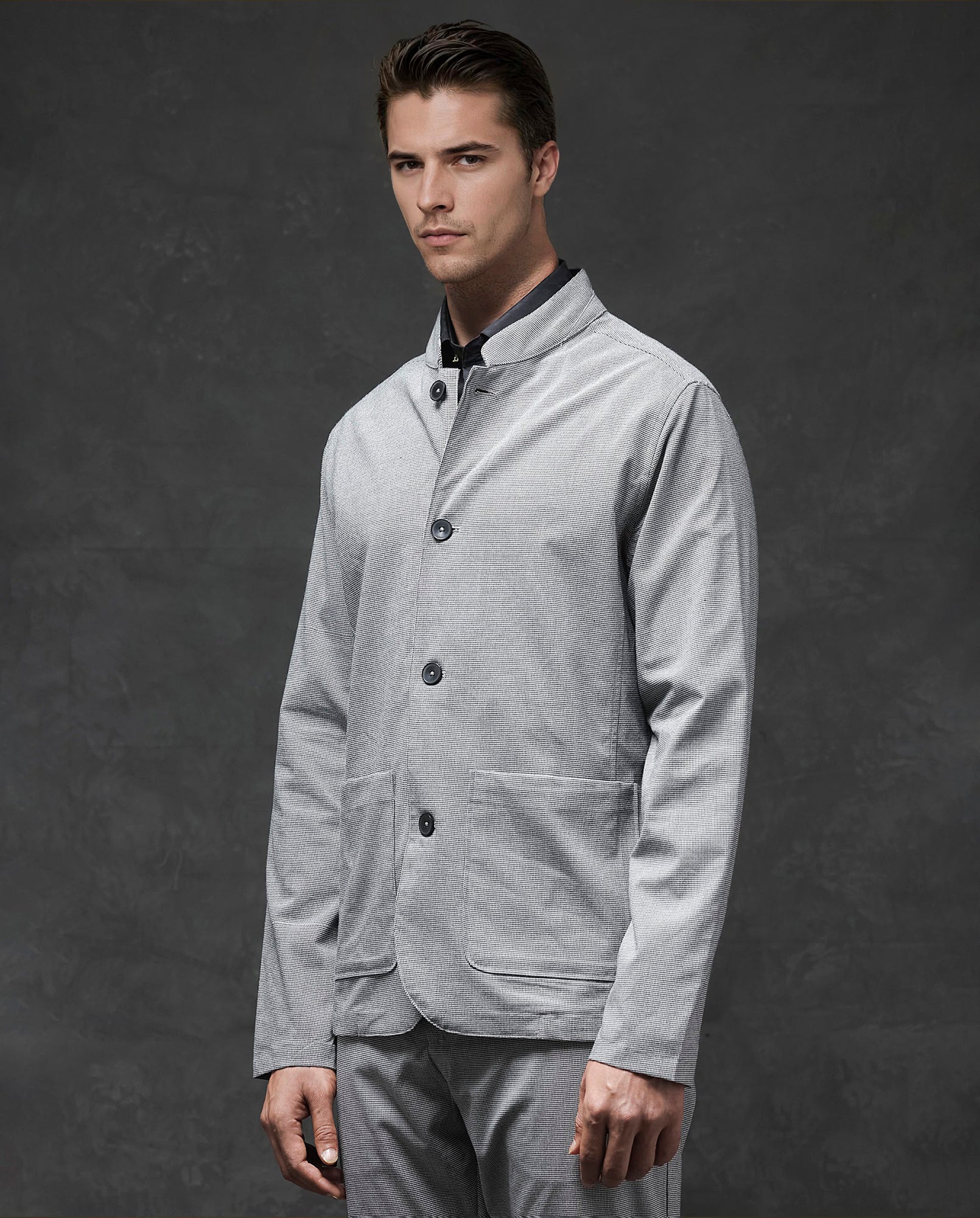 Rare Rabbit Mens Mico Black Polyester Viscose Fabric Blend Full Sleeve Mandarin Collar Regular Fit Micro Checks Jacket