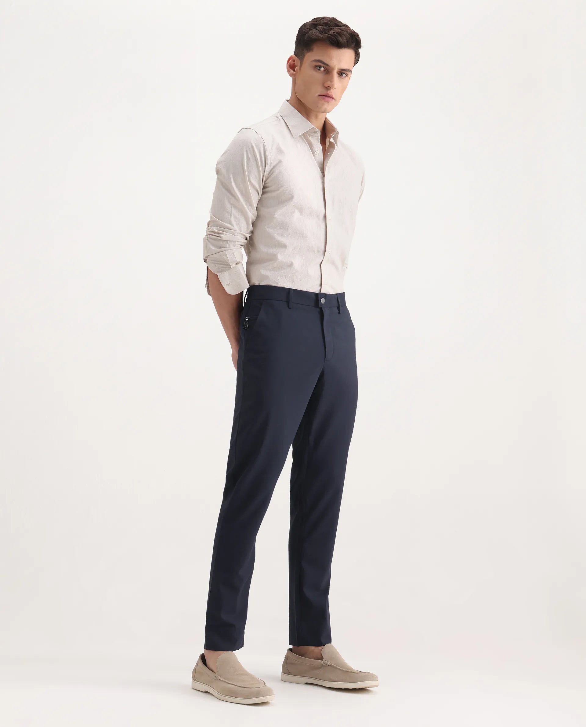 Rare Rabbit Men's Micras Navy Cotton Blend Checked Print Regular Fit Trouser