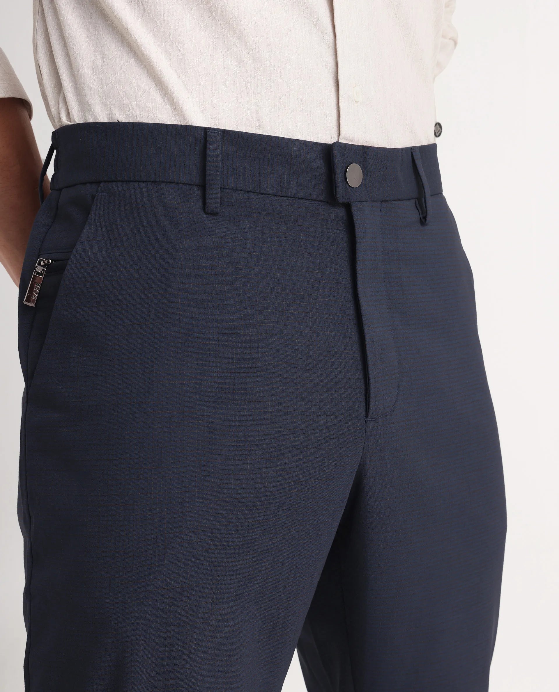 Rare Rabbit Men's Micras Navy Cotton Blend Checked Print Regular Fit Trouser