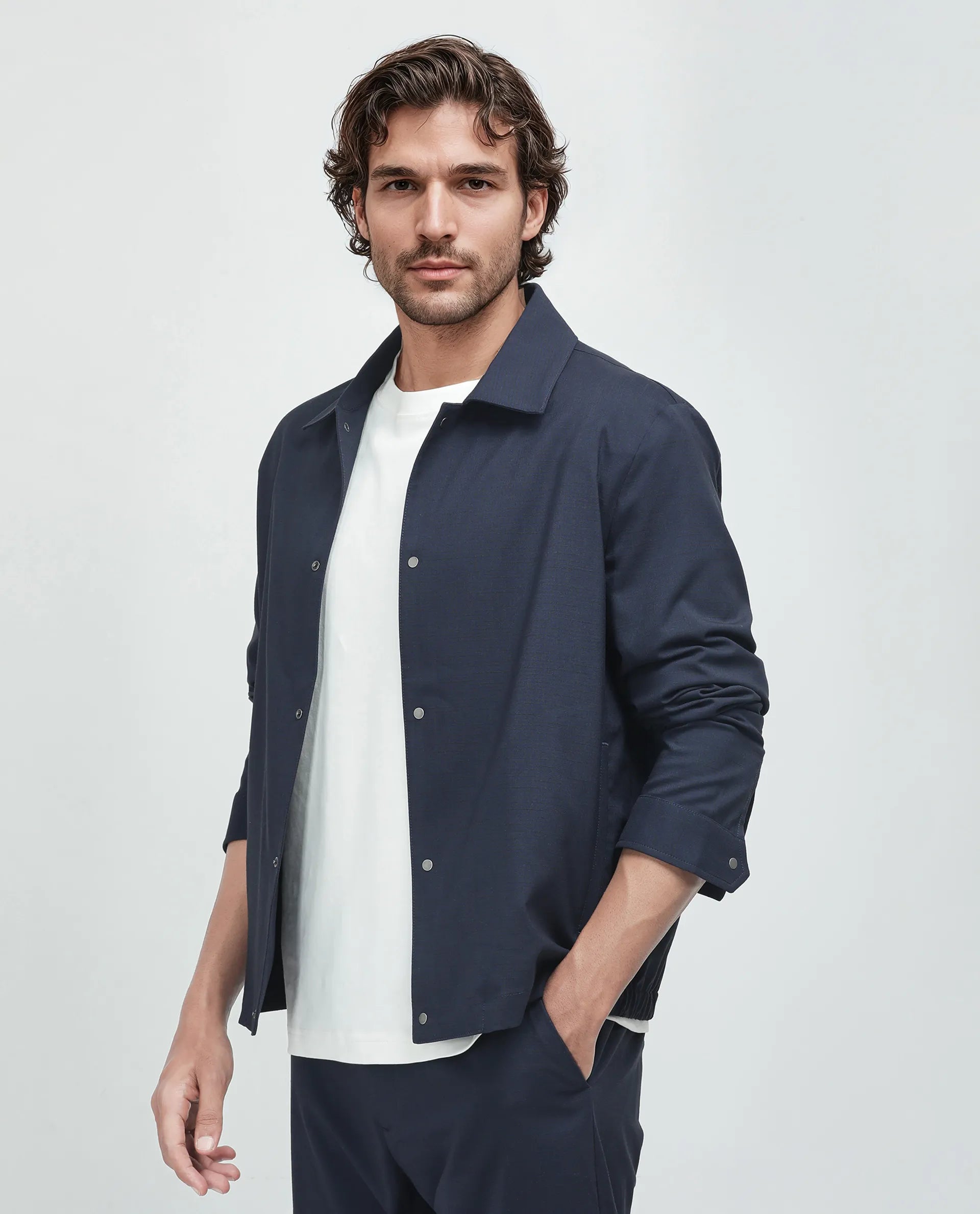 Rare Rabbit Men Micraso Navy Polyester Viscose Fabric Full Sleeves Mandarin Collar Button Closure Checked Shaket