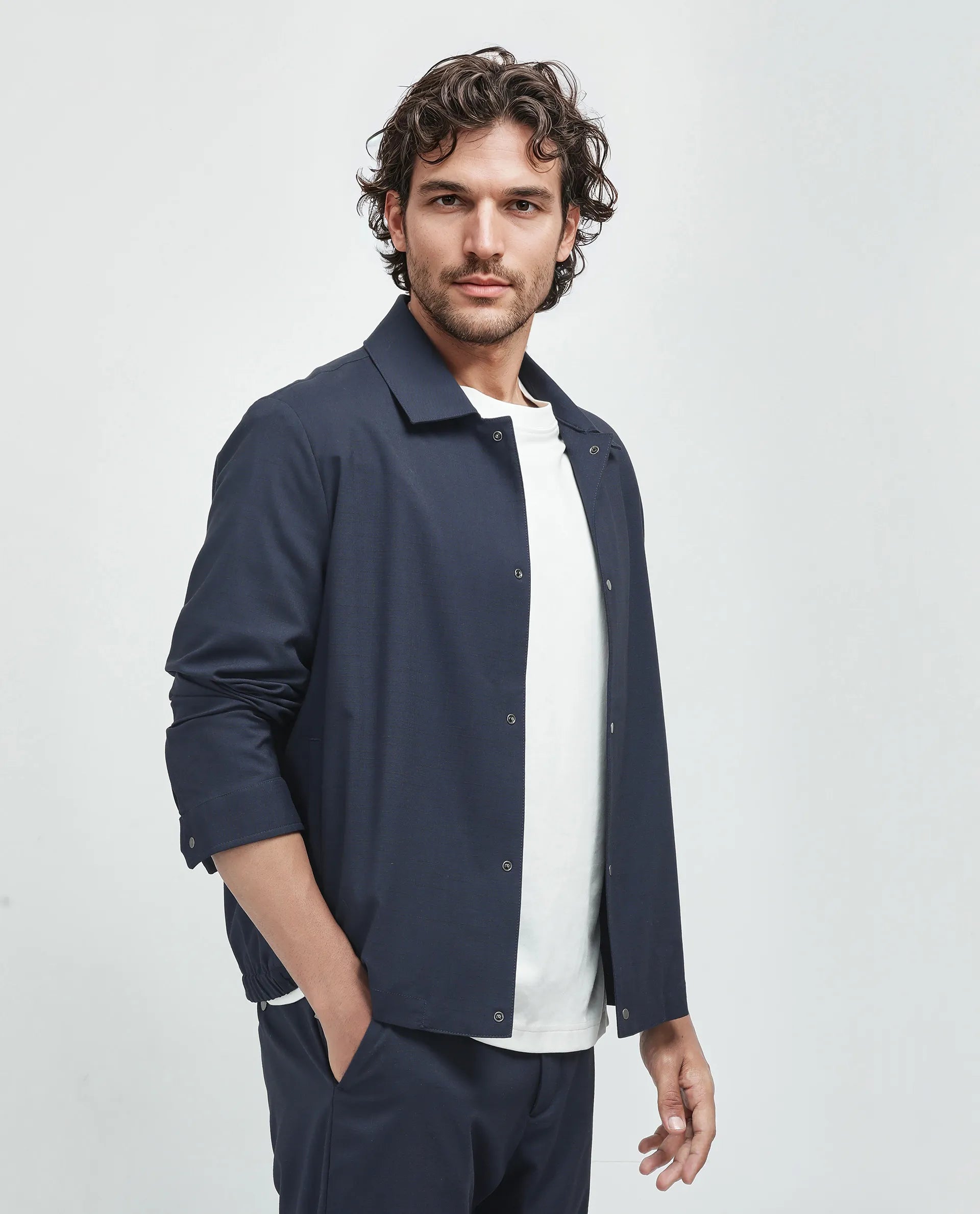 Rare Rabbit Men Micraso Navy Polyester Viscose Fabric Full Sleeves Mandarin Collar Button Closure Checked Shaket