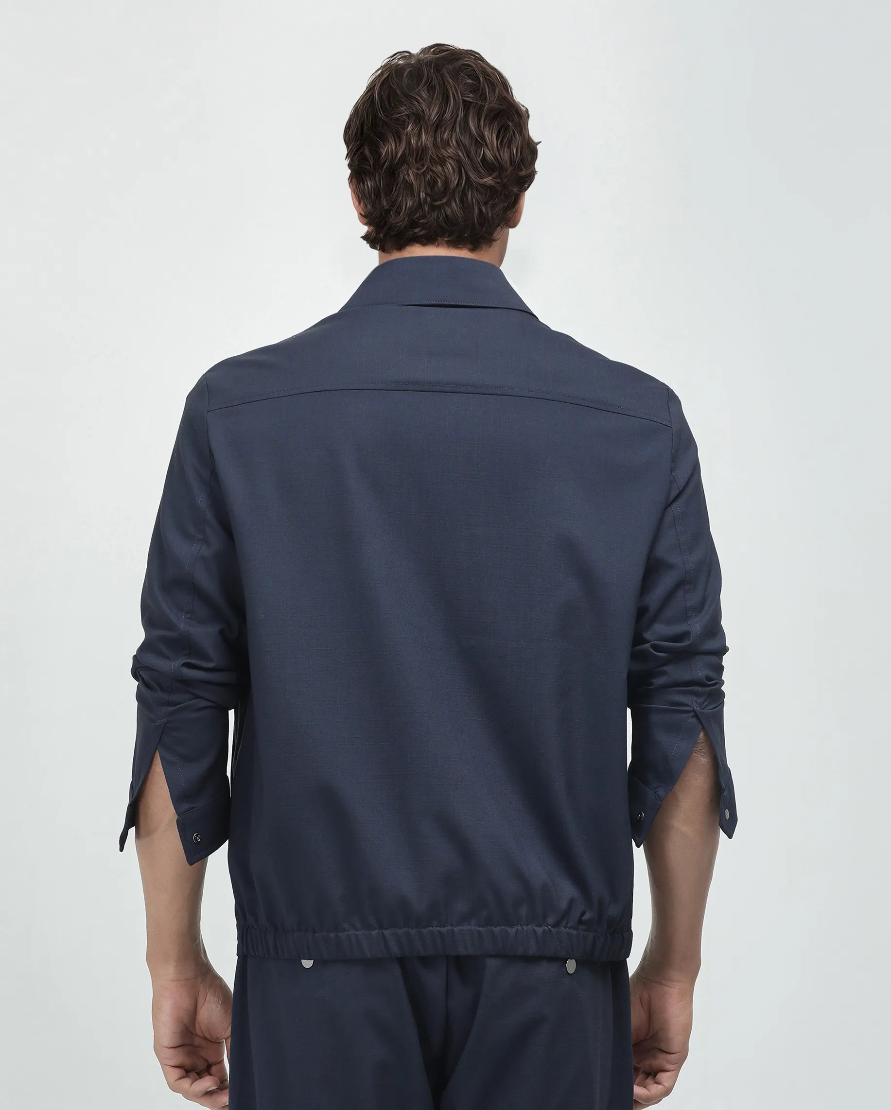 Rare Rabbit Men Micraso Navy Polyester Viscose Fabric Full Sleeves Mandarin Collar Button Closure Checked Shaket