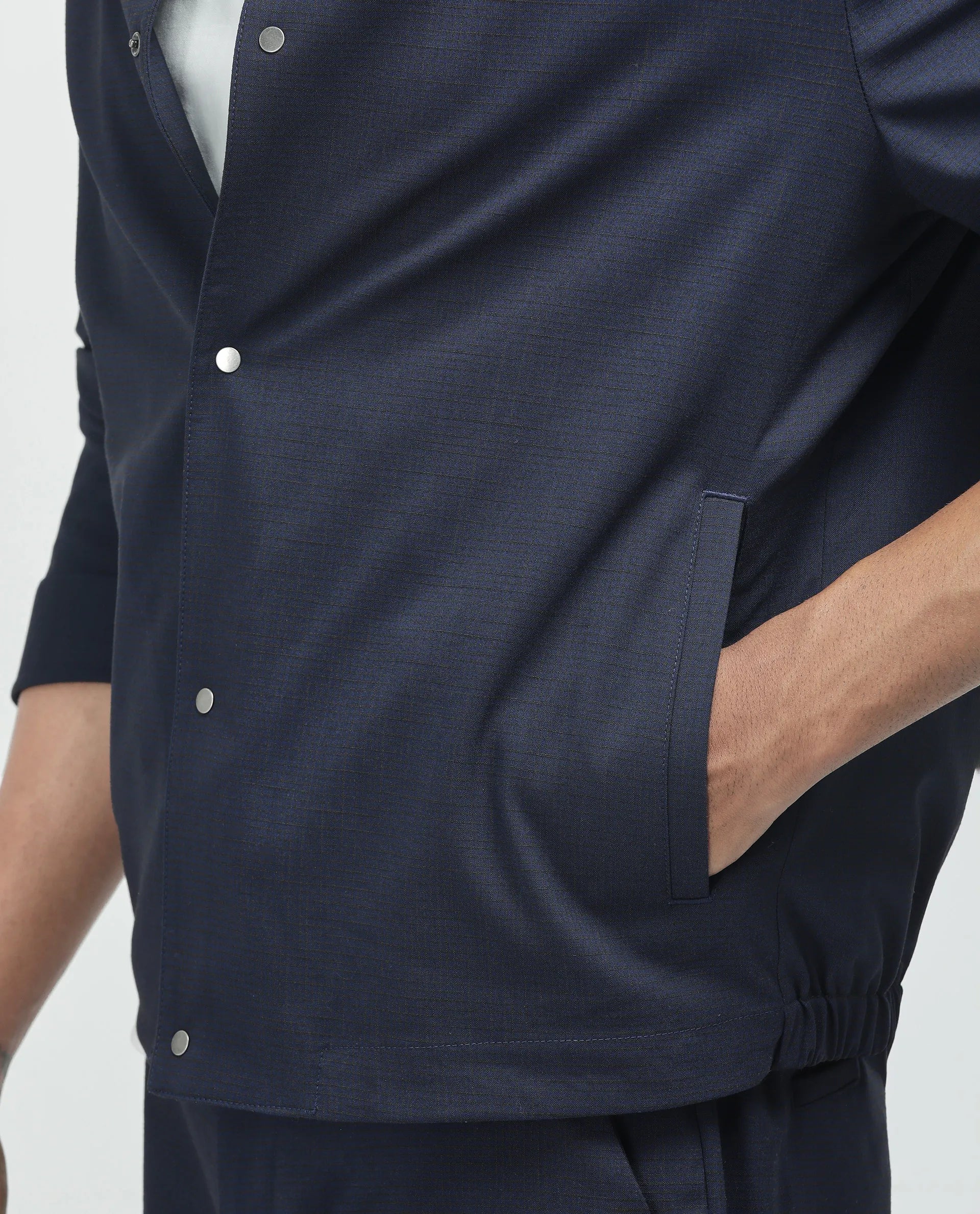 Rare Rabbit Men Micraso Navy Polyester Viscose Fabric Full Sleeves Mandarin Collar Button Closure Checked Shaket