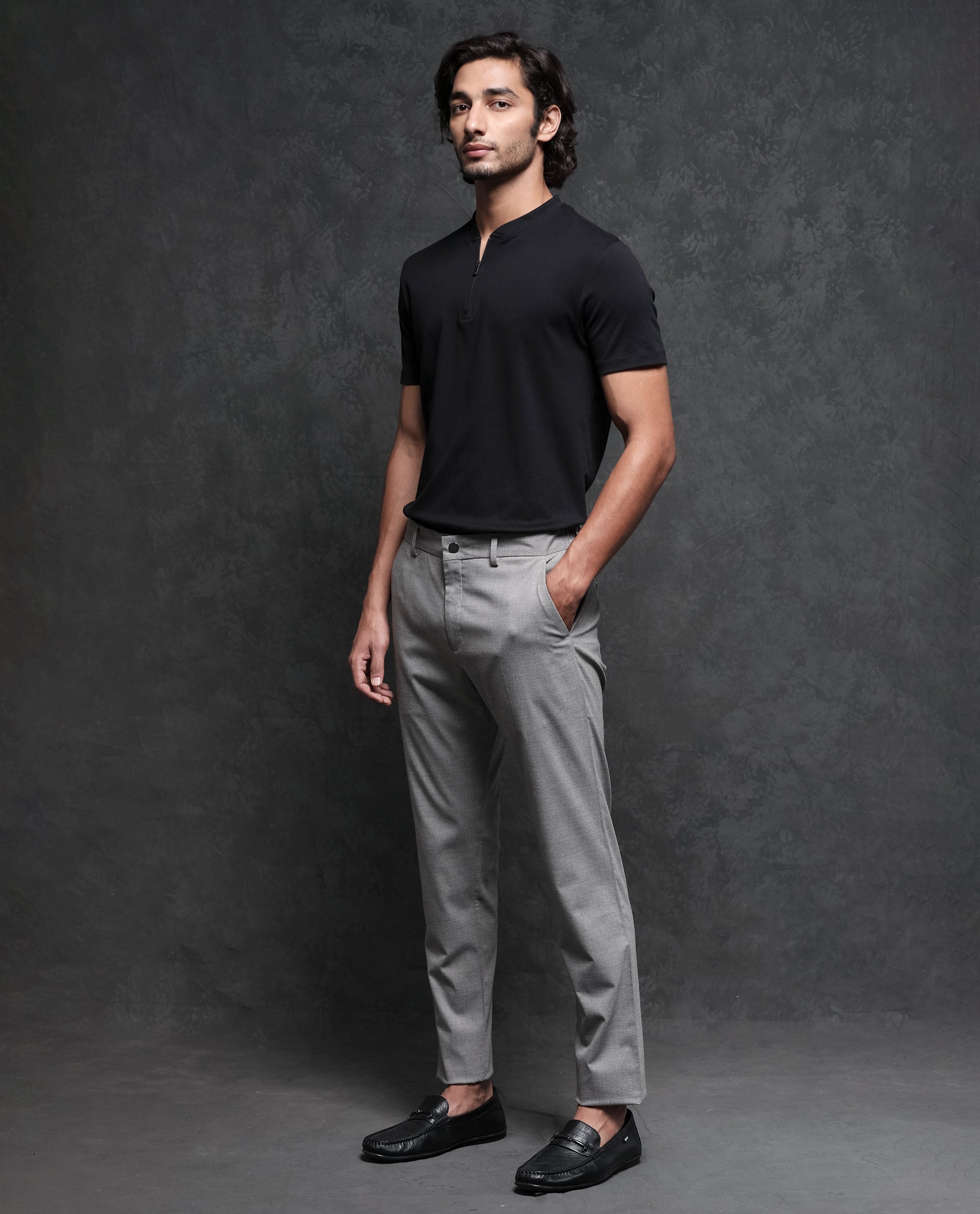 Rare Rabbit Men's Micra Grey Polyester Fabric Button & Zip Closure Regular Fit Trouser