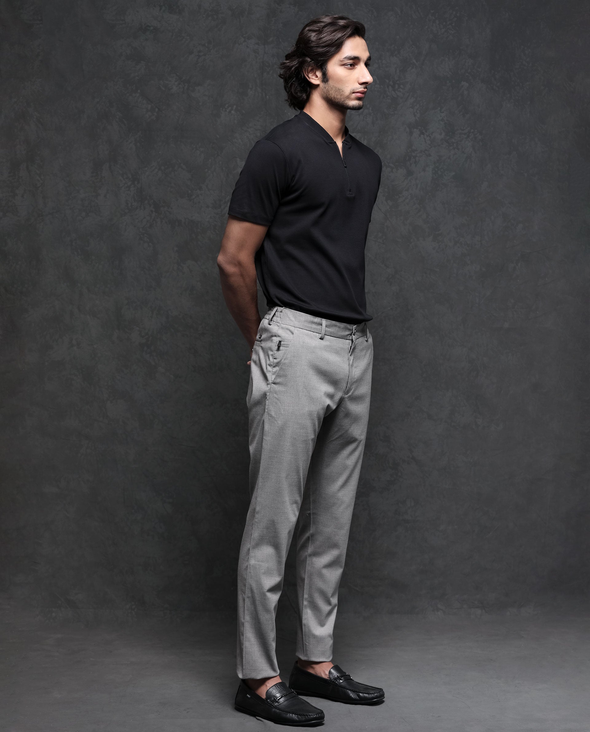 Rare Rabbit Men's Micra Grey Polyester Fabric Button & Zip Closure Regular Fit Trouser