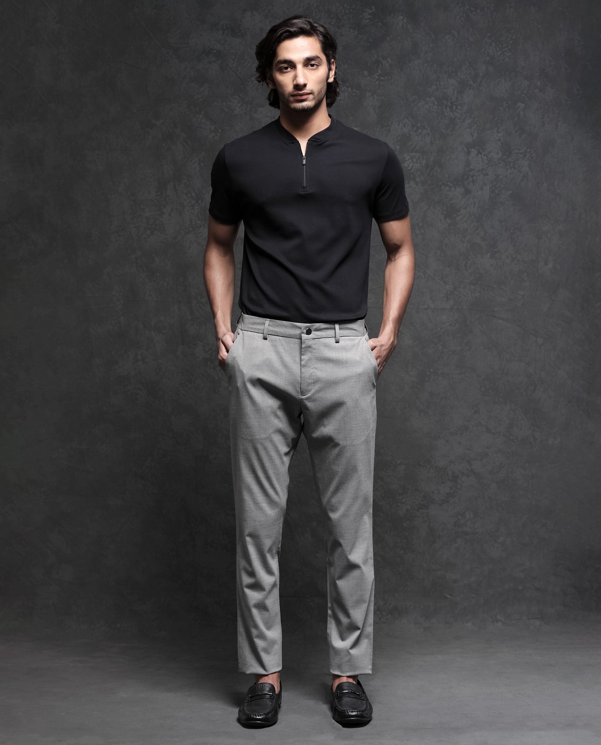 Rare Rabbit Men's Micra Grey Polyester Fabric Button & Zip Closure Regular Fit Trouser