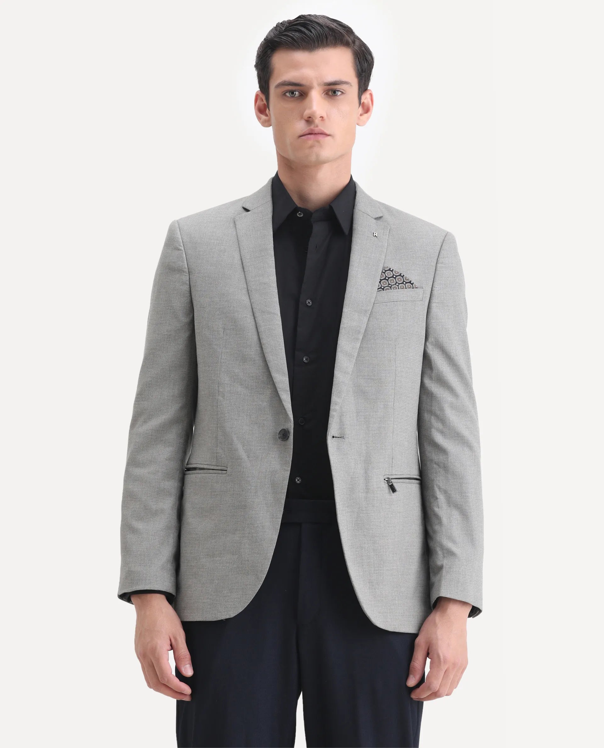 Rare Rabbit Men's Micro Grey Polyester Checked Print Tailored Fit Full Sleeve Lapel Neck Blazer