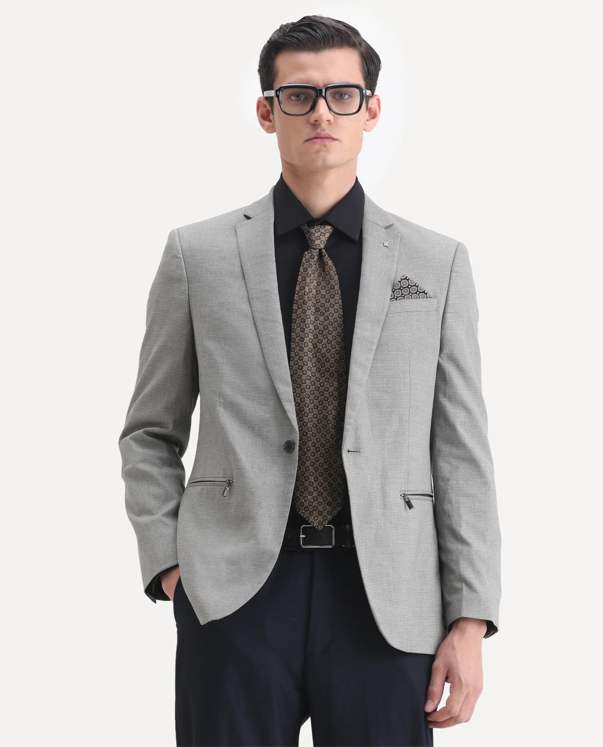Rare Rabbit Men's Micro Grey Polyester Checked Print Tailored Fit Full Sleeve Lapel Neck Blazer