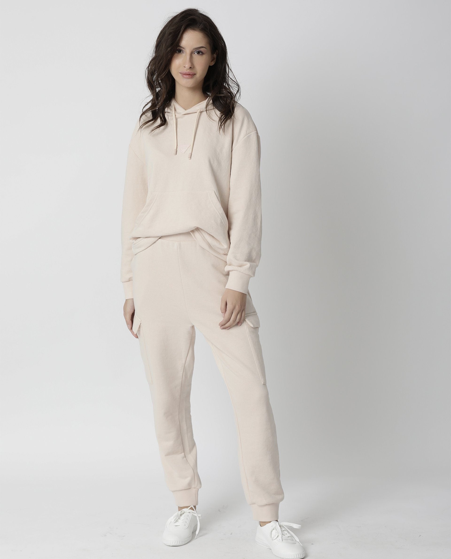 Rareism Women Nush Beige Cotton Poly Fabric Tailored Fit Solid Mid Rise Ankle Length Track Pant