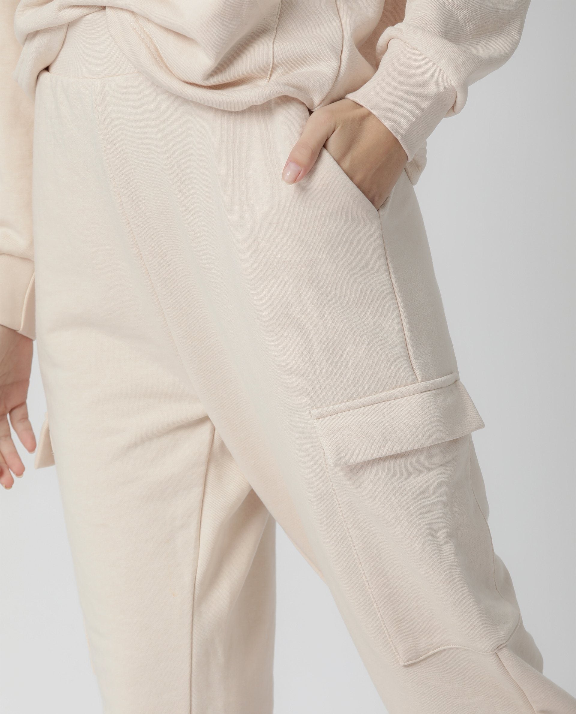 Rareism Women Nush Beige Cotton Poly Fabric Tailored Fit Solid Mid Rise Ankle Length Track Pant