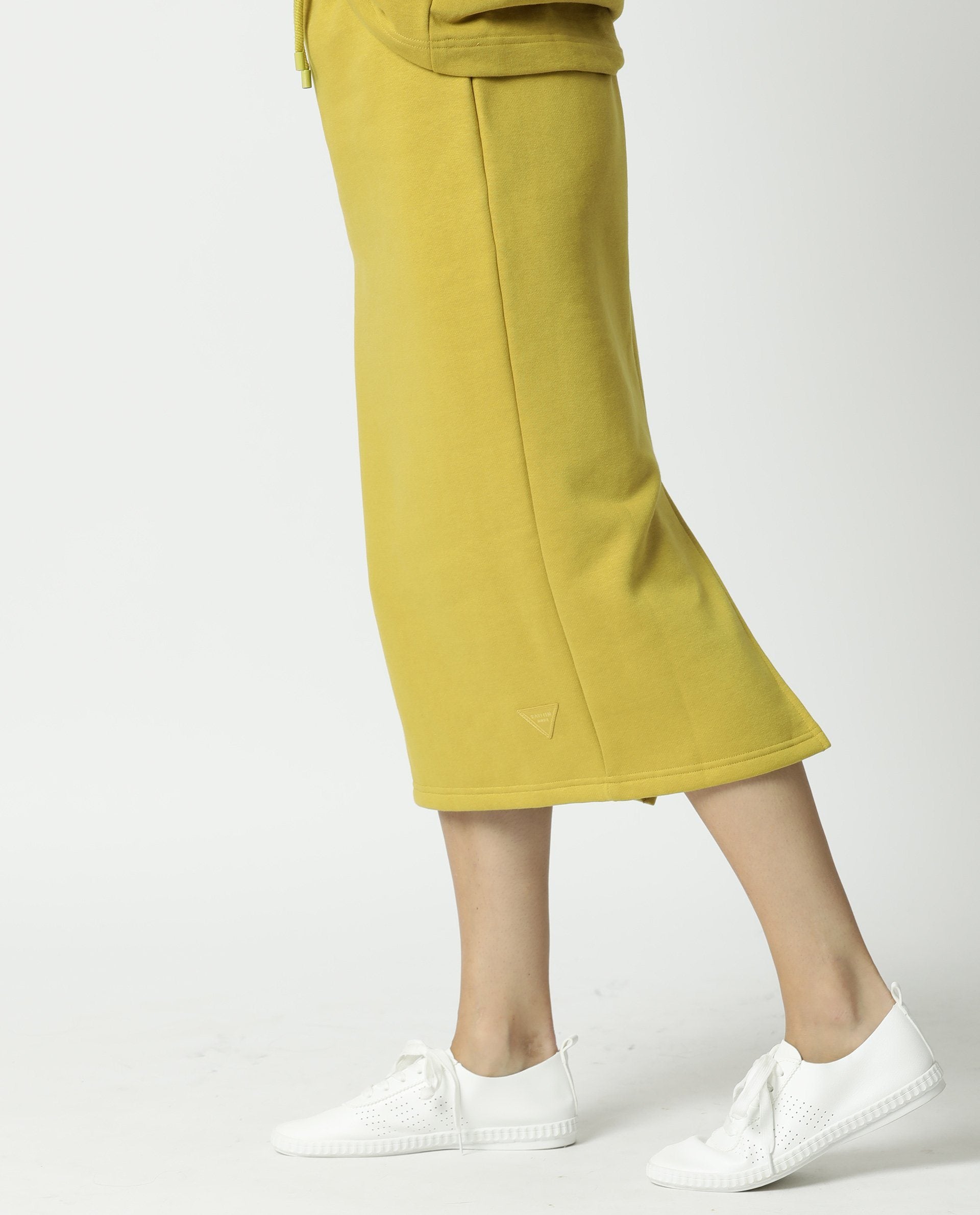 Rareism Women Fudge Yellow Poly Cotton Fabric Tailored Fit High Rise Solid Midi Skirt