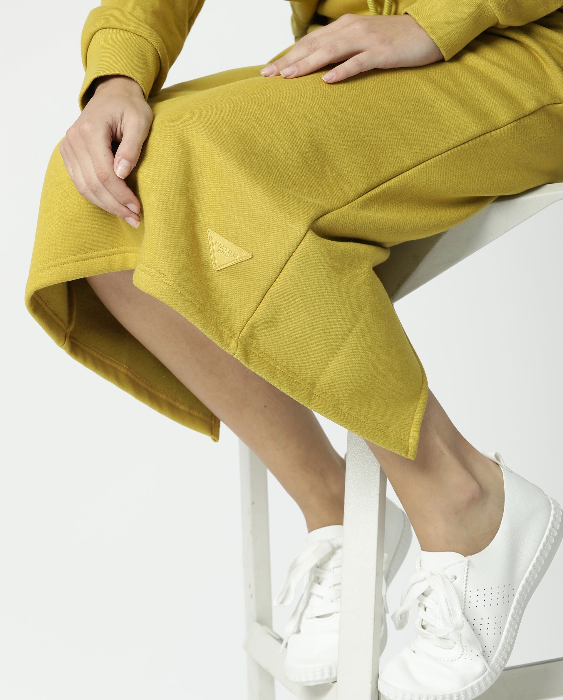 Rareism Women Fudge Yellow Poly Cotton Fabric Tailored Fit High Rise Solid Midi Skirt