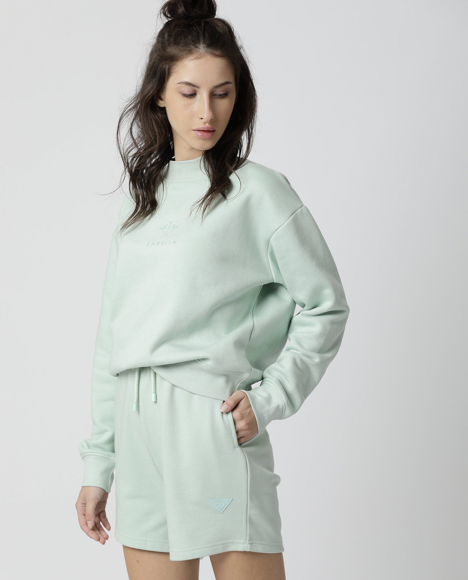 Rareism Womens Fury Green Sweatshirt Relaxed Fit Full Sleeves