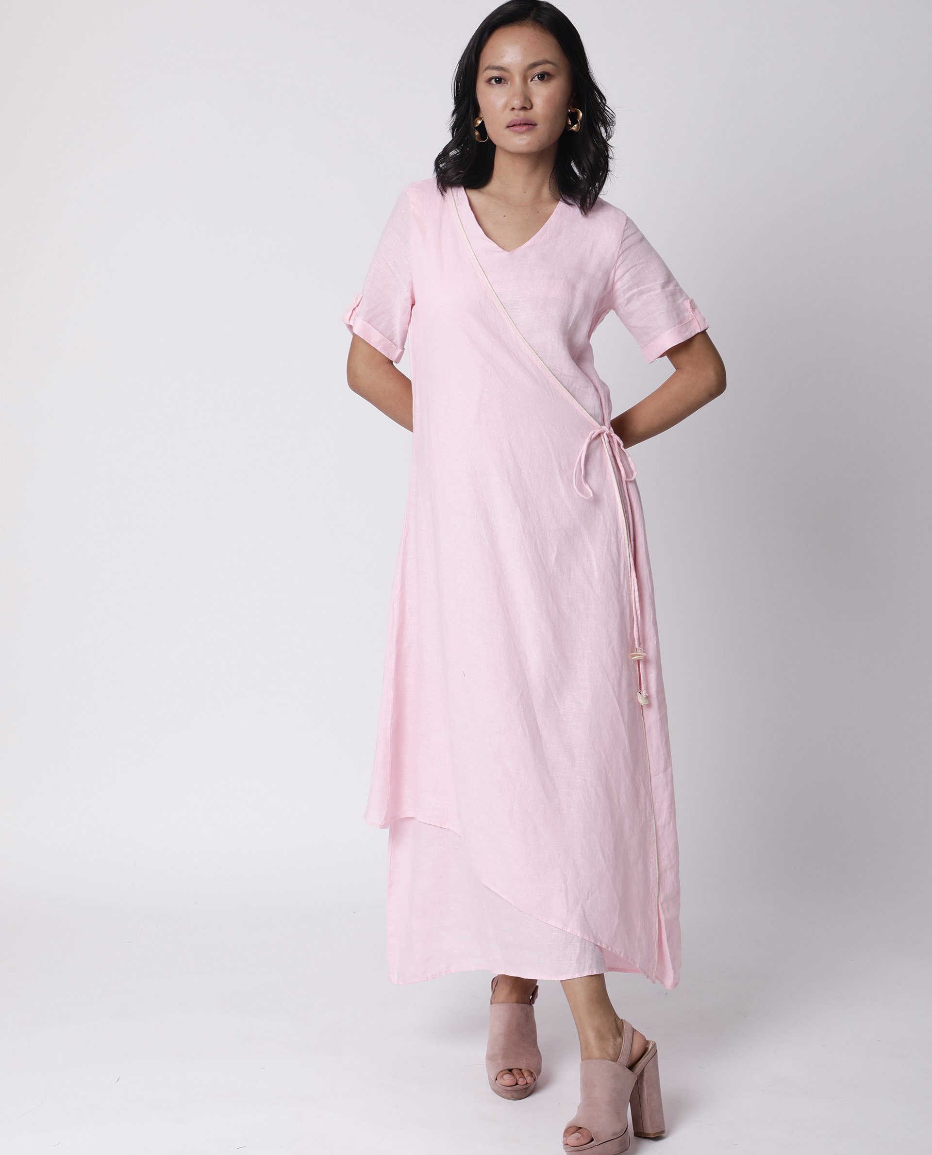 Rareism Womens Doodle Pink Cotton Linen Fabric Relaxed Fit Long Length Round Neck