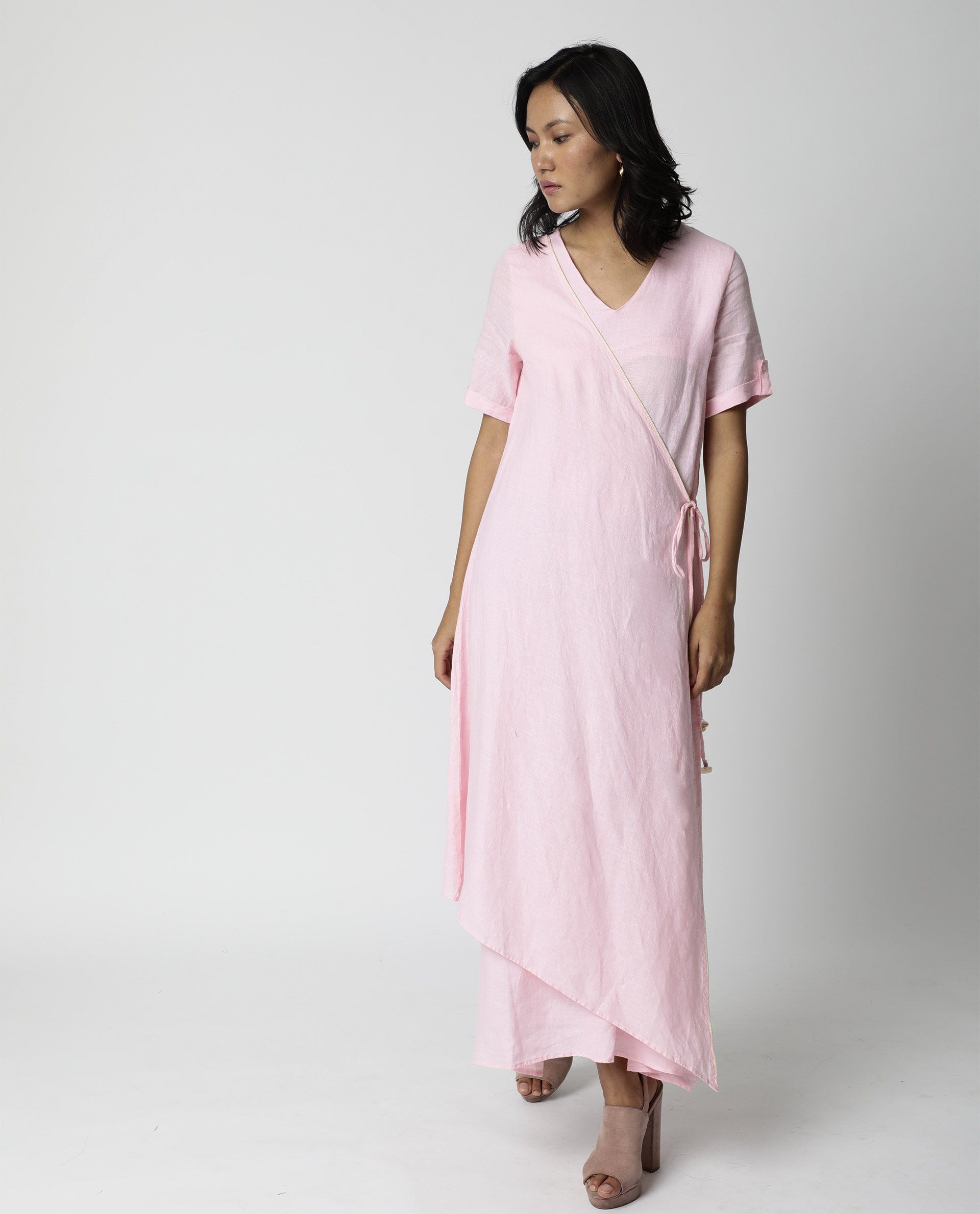 Rareism Womens Doodle Pink Cotton Linen Fabric Relaxed Fit Long Length Round Neck