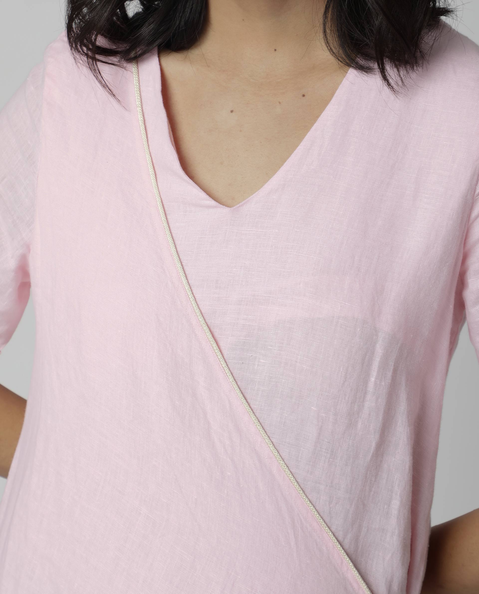 Rareism Womens Doodle Pink Cotton Linen Fabric Relaxed Fit Long Length Round Neck