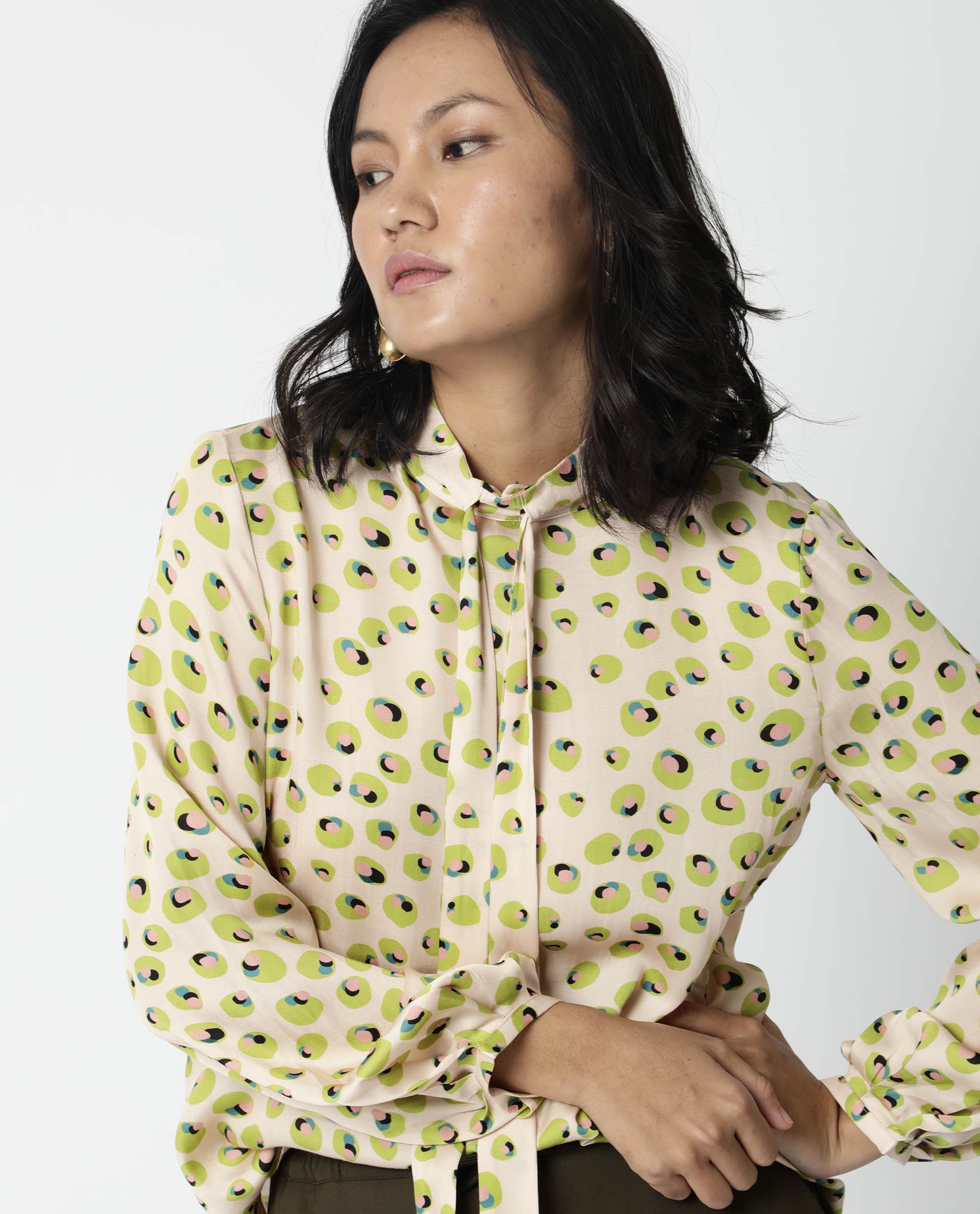 Rareism Womens Dewd Peach Top Abstract Print Cotton Blend Fabric Round Neck Long Sleeves