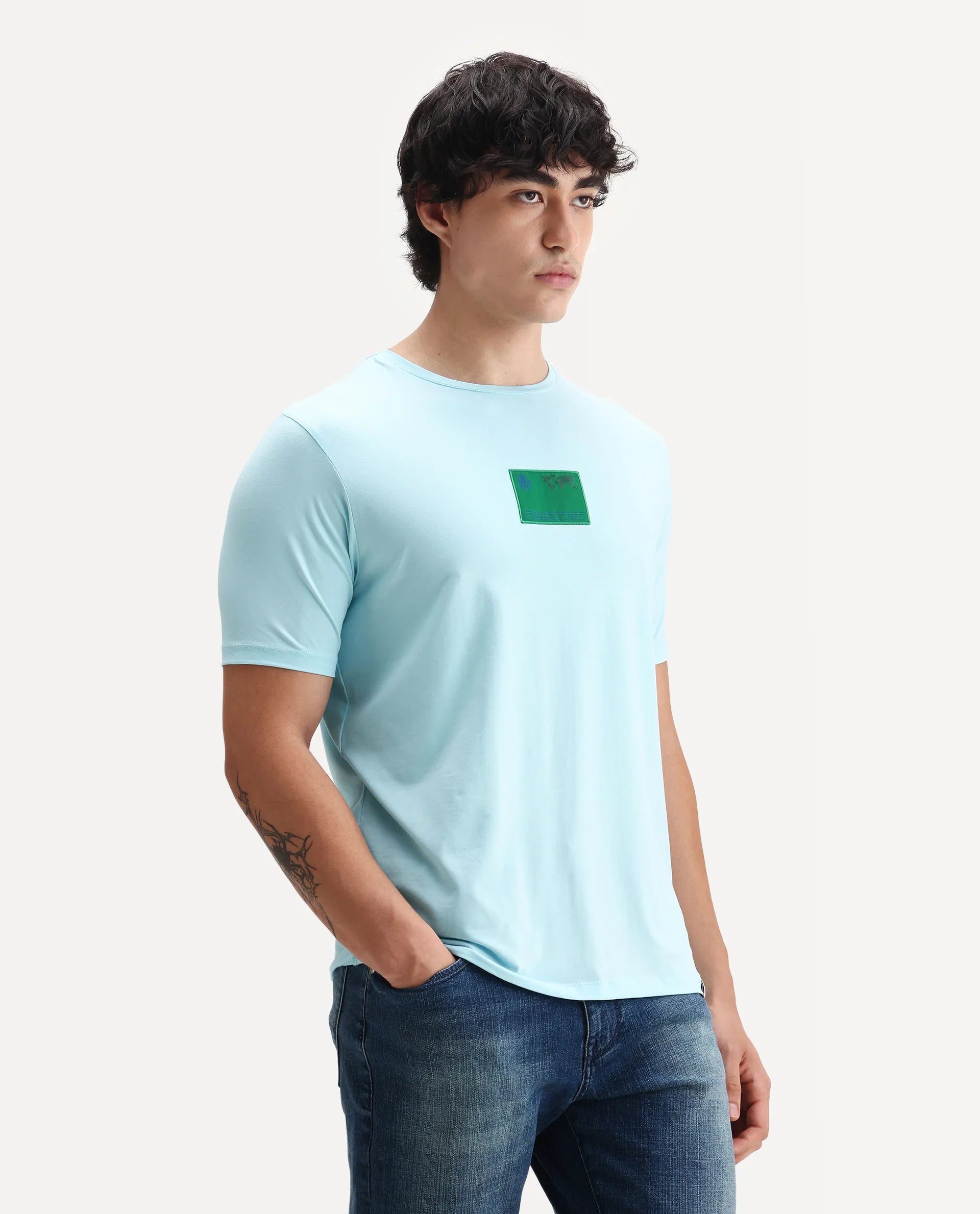 Rare Rabbit Men's Mikai Light Blue Cotton Blend Label Print Relaxed Fit Half Sleeve Crew Neck T-Shirt