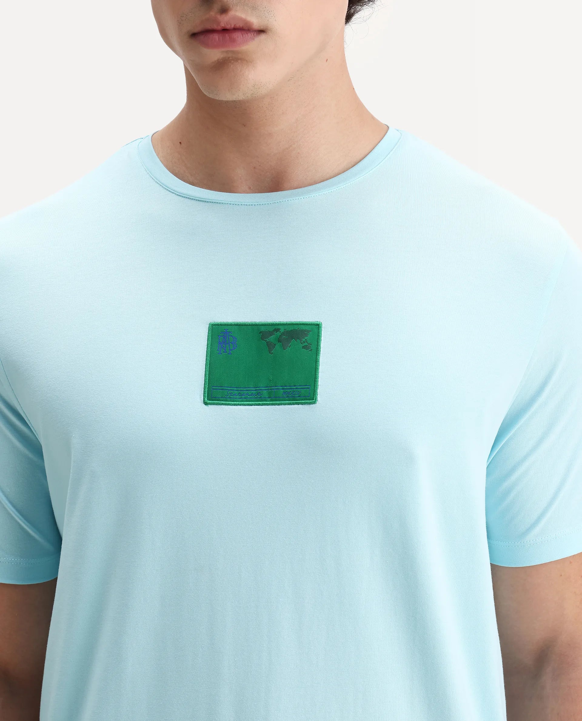 Rare Rabbit Men's Mikai Light Blue Cotton Blend Label Print Relaxed Fit Half Sleeve Crew Neck T-Shirt