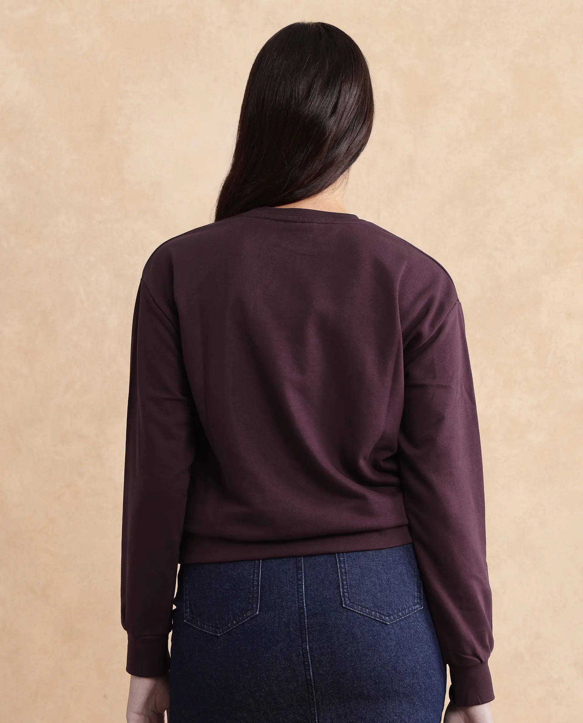 Rareism Women Mika Maroon Cotton Poly Fabric Full Sleeve Crew Neck Regular Fit Graphic Print Sweatshirt