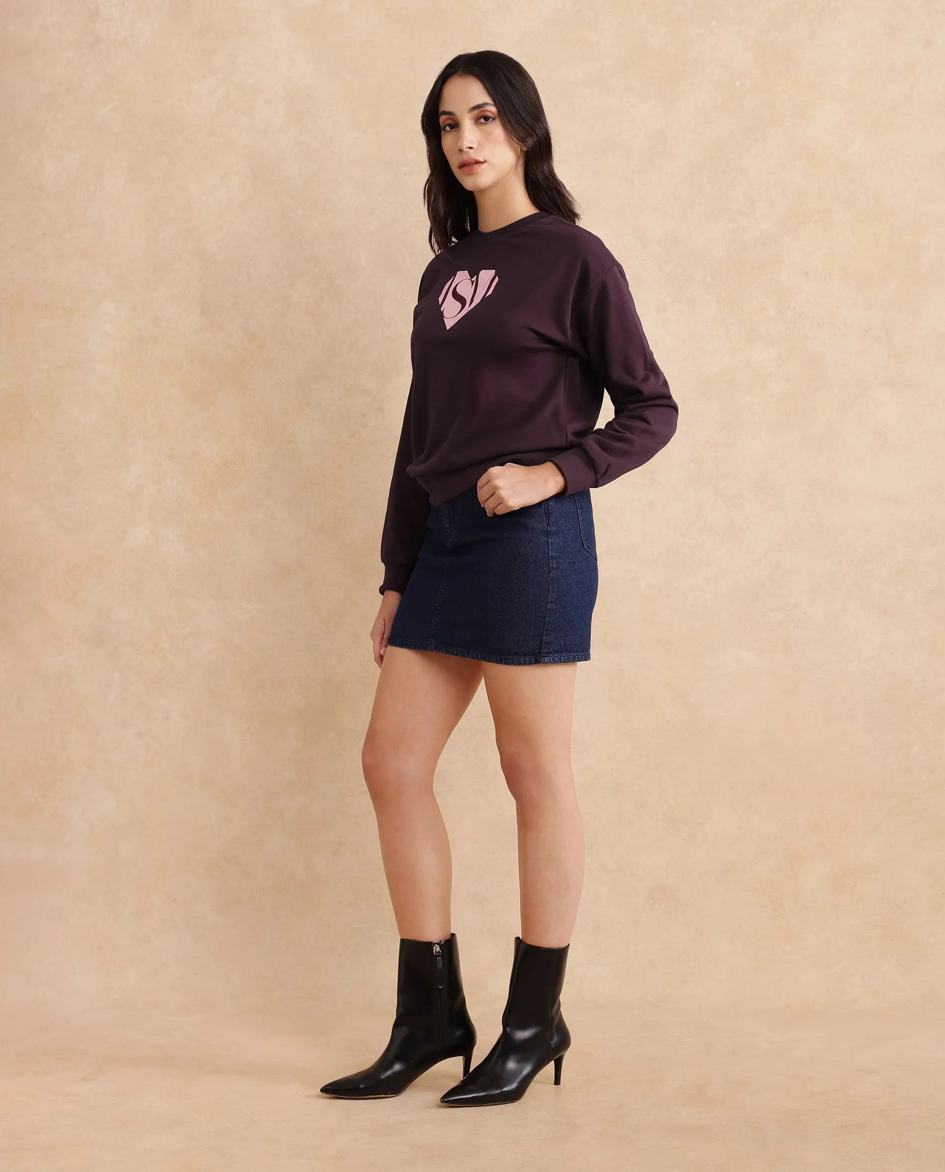 Rareism Women Mika Maroon Cotton Poly Fabric Full Sleeve Crew Neck Regular Fit Graphic Print Sweatshirt