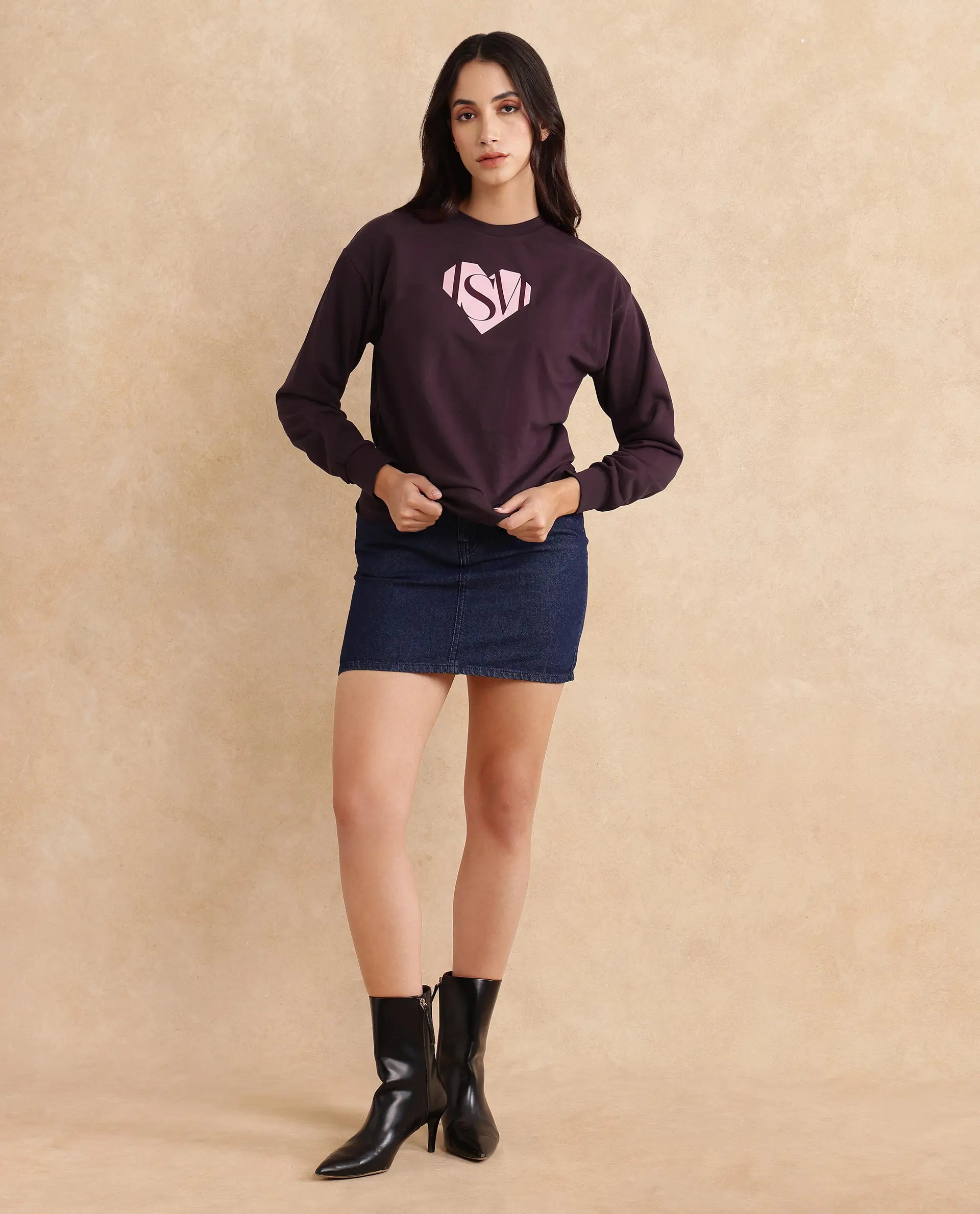 Rareism Women Mika Maroon Cotton Poly Fabric Full Sleeve Crew Neck Regular Fit Graphic Print Sweatshirt