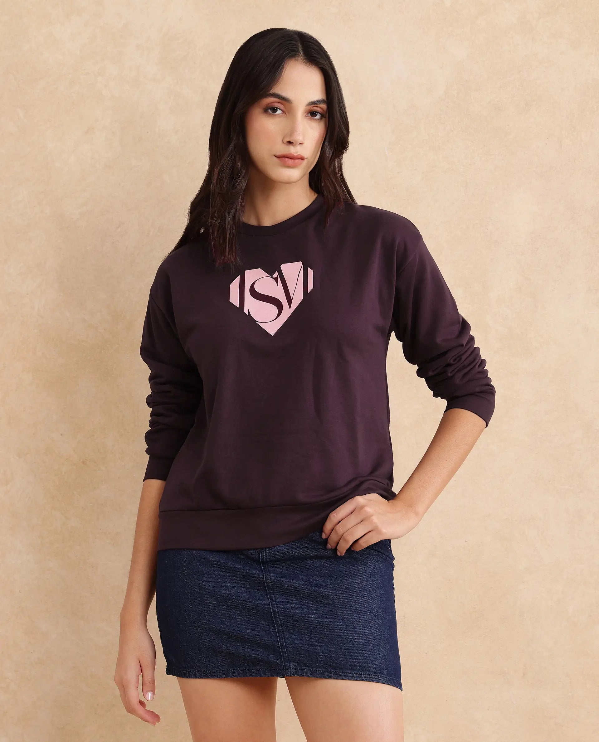 Rareism Women Mika Maroon Cotton Poly Fabric Full Sleeve Crew Neck Regular Fit Graphic Print Sweatshirt