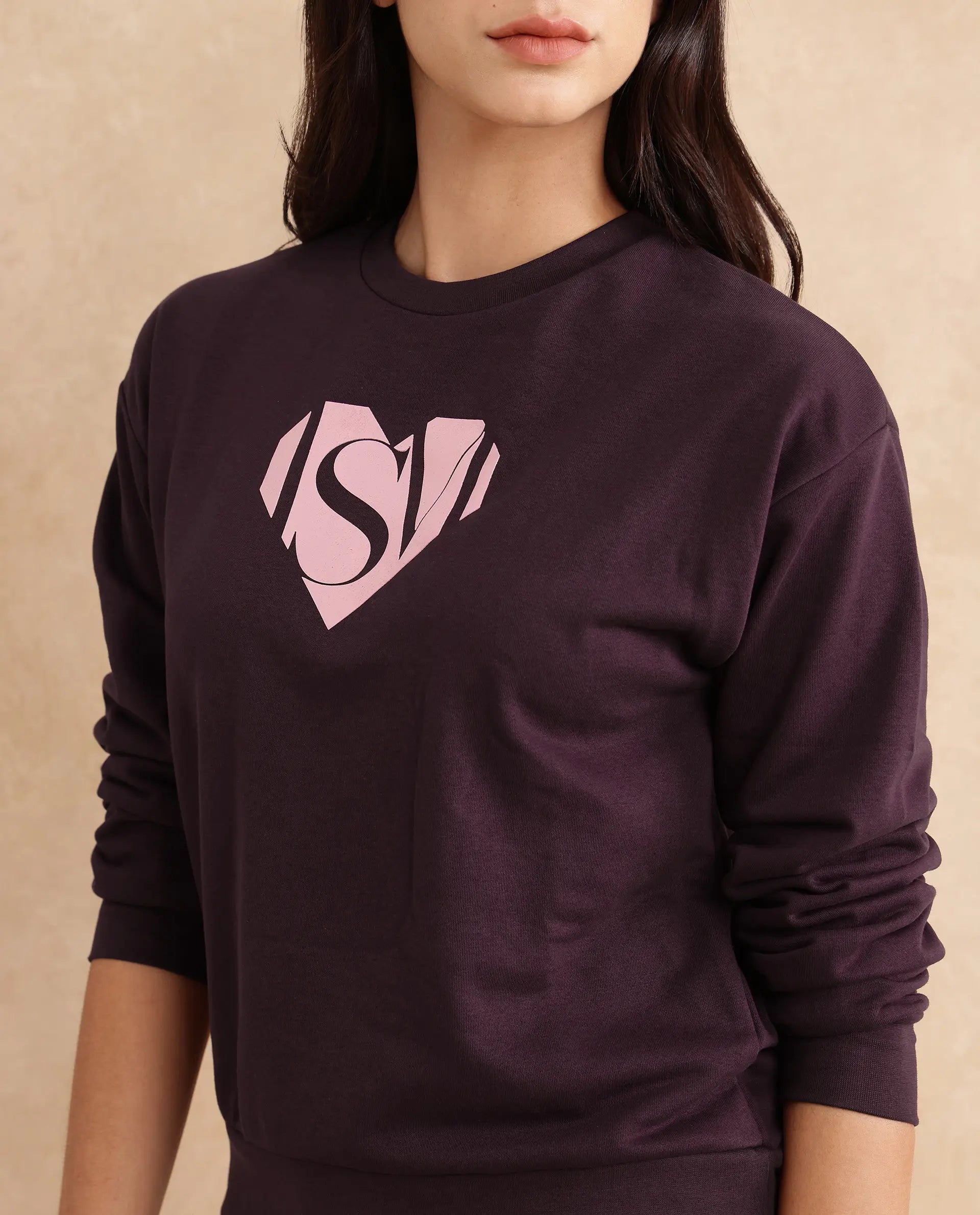 Rareism Women Mika Maroon Cotton Poly Fabric Full Sleeve Crew Neck Regular Fit Graphic Print Sweatshirt