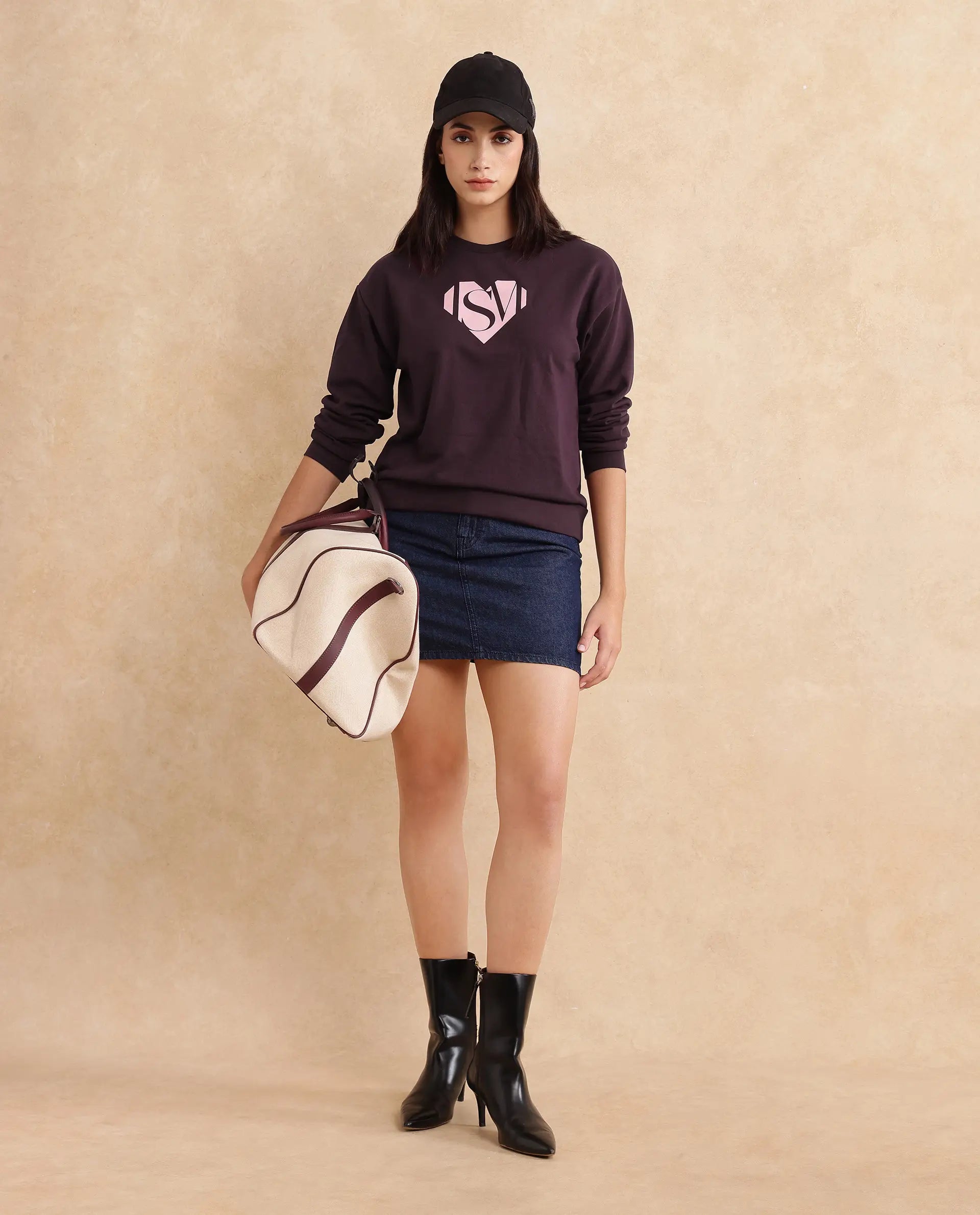 Rareism Women Mika Maroon Cotton Poly Fabric Full Sleeve Crew Neck Regular Fit Graphic Print Sweatshirt