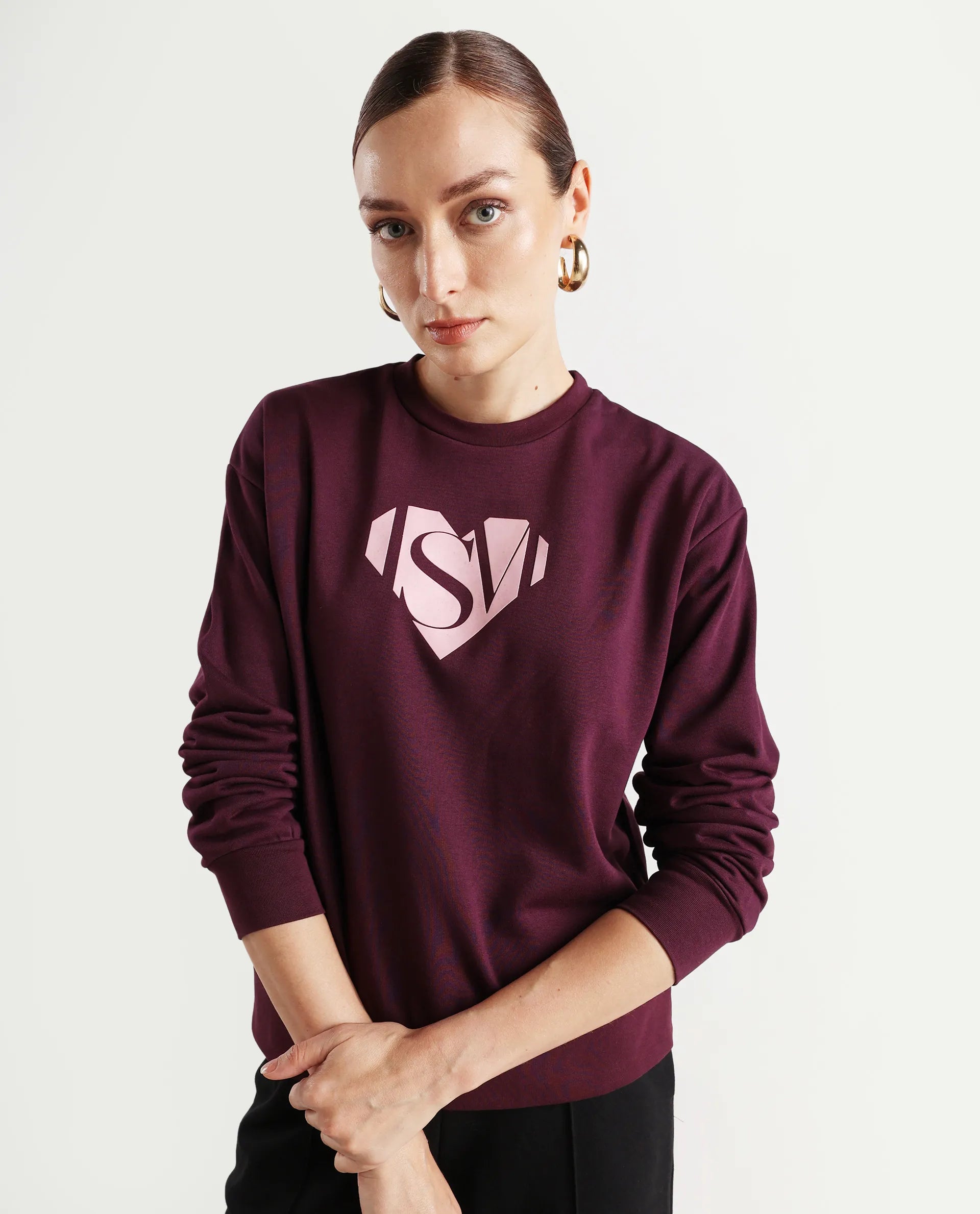 Rareism Women's Mika Maroon Cotton Blend Crew Neck Graphic Print Regular Fit Sweatshirt