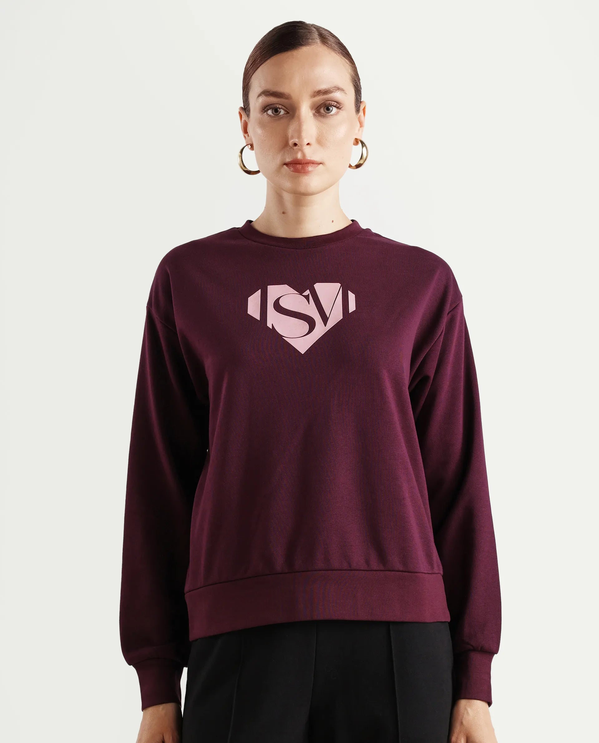 Rareism Women's Mika Maroon Cotton Blend Crew Neck Graphic Print Regular Fit Sweatshirt