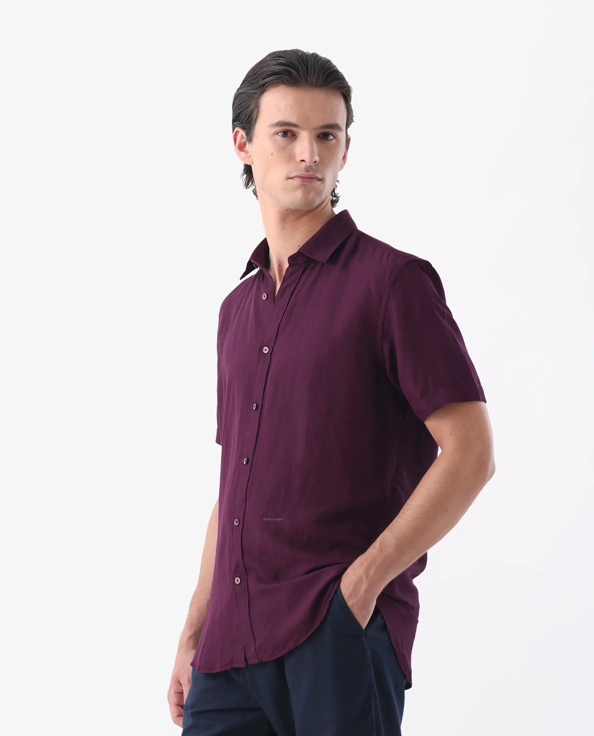 Rare Rabbit Men's Mik Dark Maroon Linen Blend Plain Regular Fit Half Sleeve Collared Shirt
