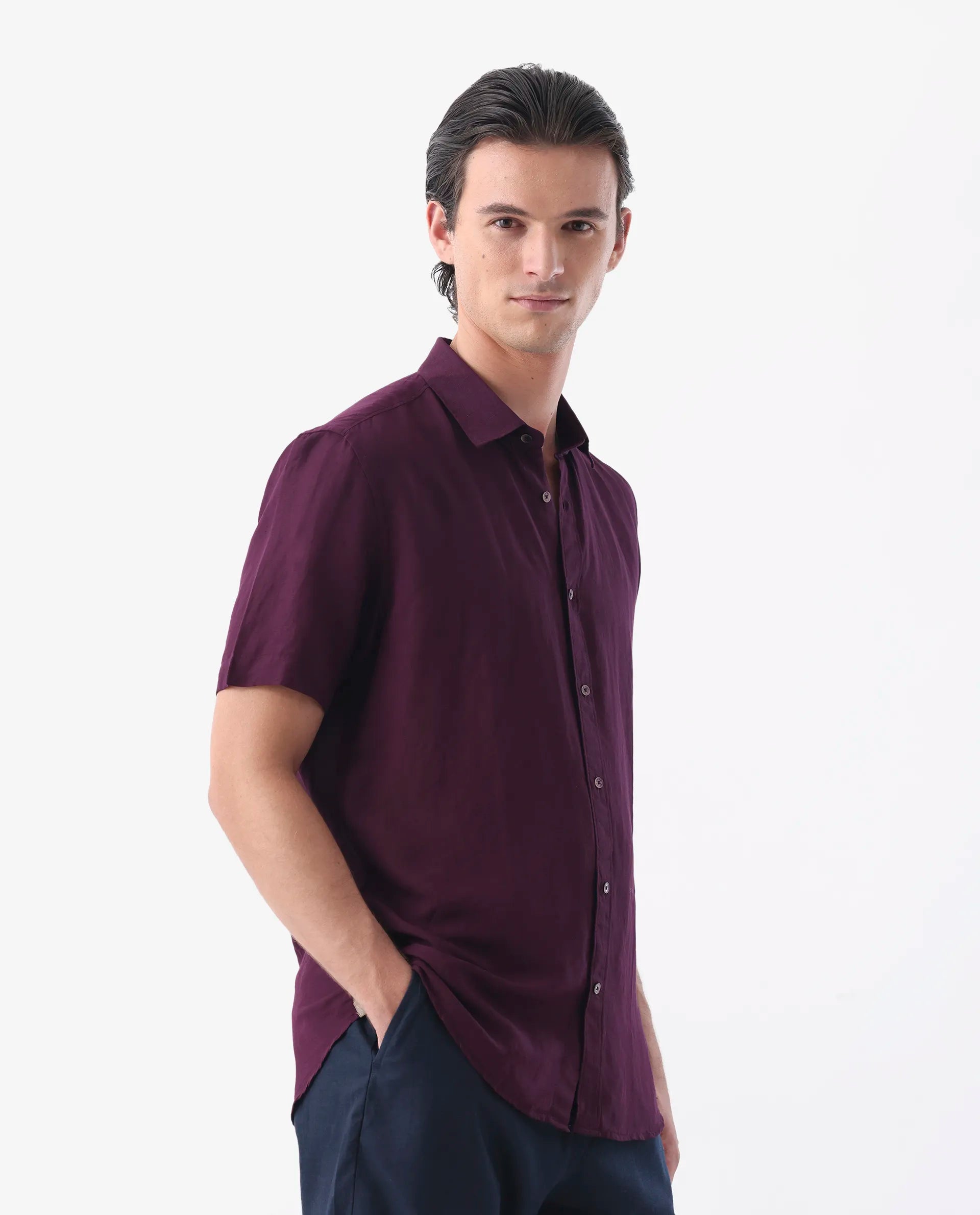 Rare Rabbit Men's Mik Dark Maroon Linen Blend Plain Regular Fit Half Sleeve Collared Shirt