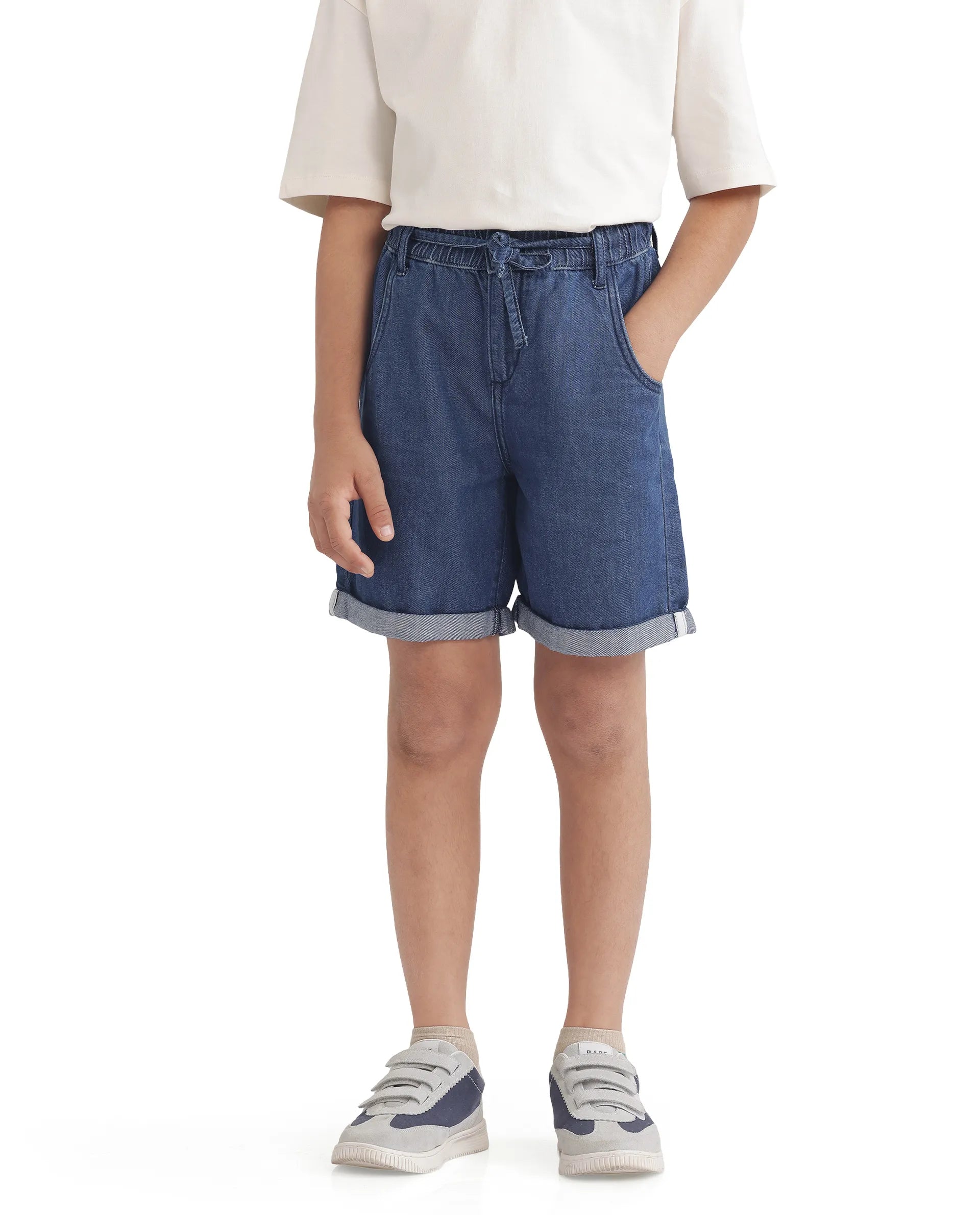 Rare Ones Kids Mike Navy Cotton Denim Drawstring Closure Solid Short
