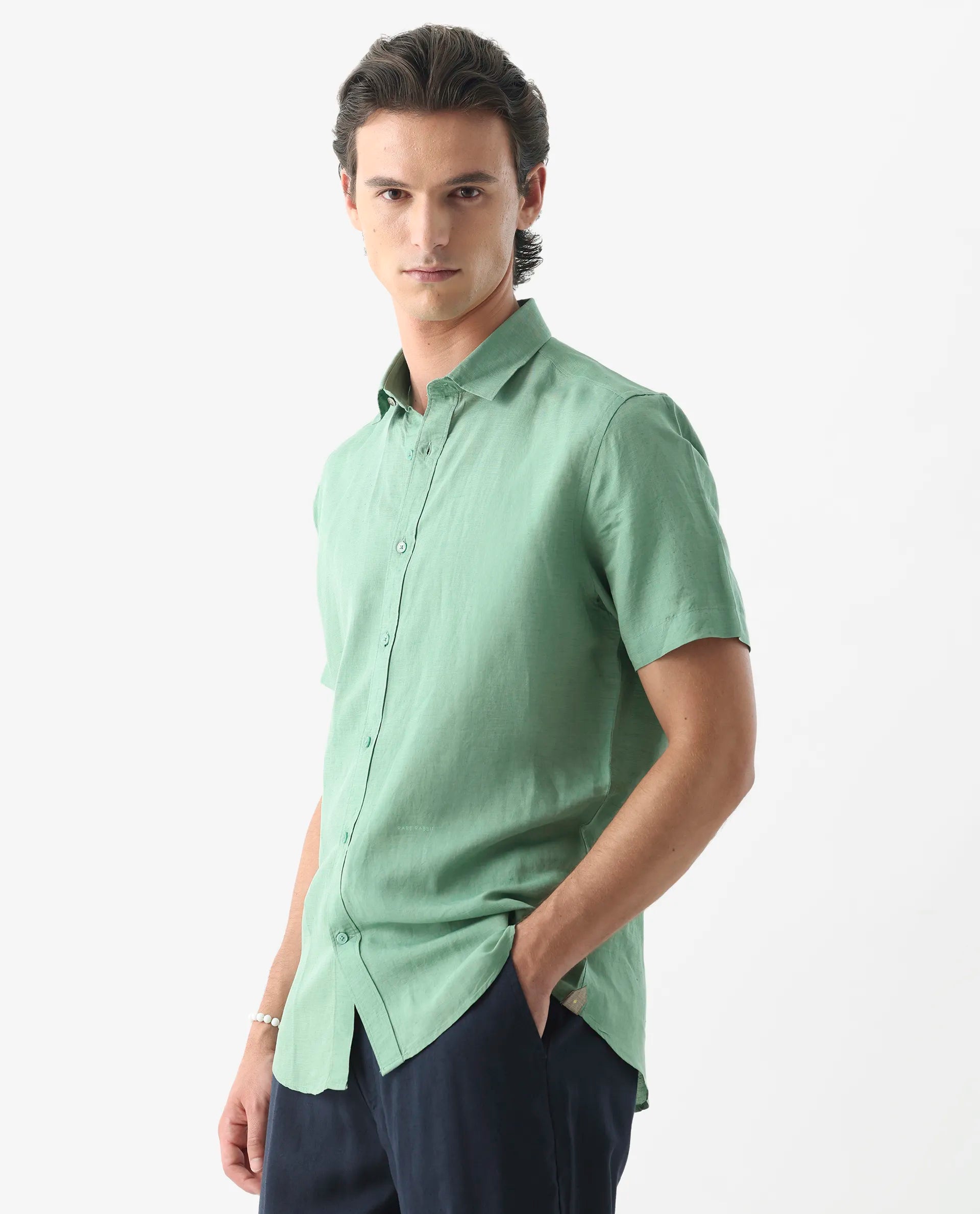 Rare Rabbit Men's Mik Light Green Linen Blend Plain Regular Fit Half Sleeve Collared Shirt