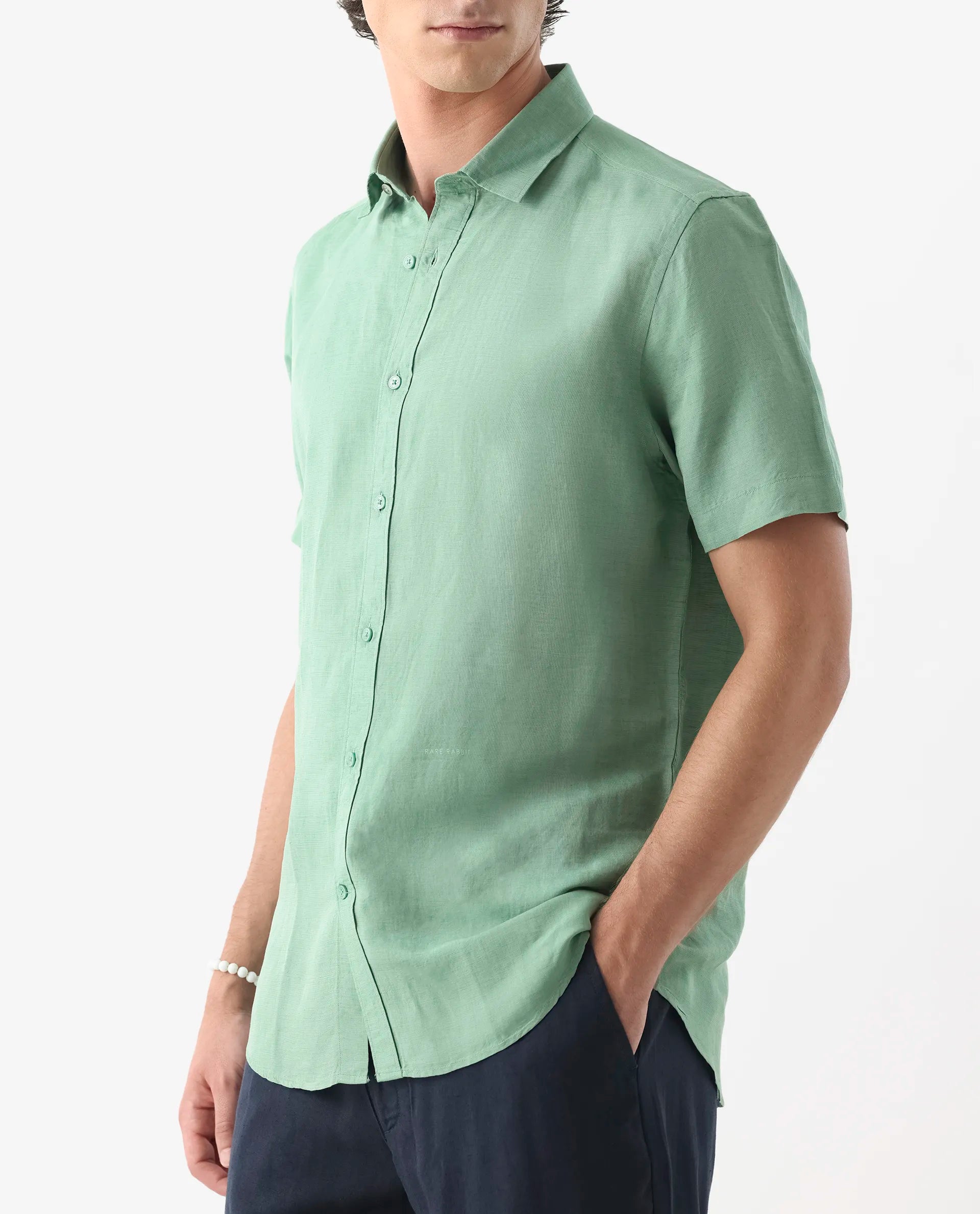 Rare Rabbit Men's Mik Light Green Linen Blend Plain Regular Fit Half Sleeve Collared Shirt