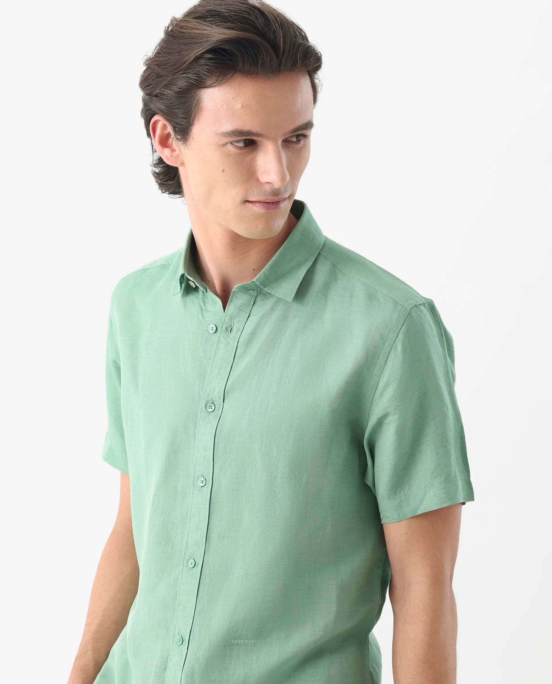 Rare Rabbit Men's Mik Light Green Linen Blend Plain Regular Fit Half Sleeve Collared Shirt