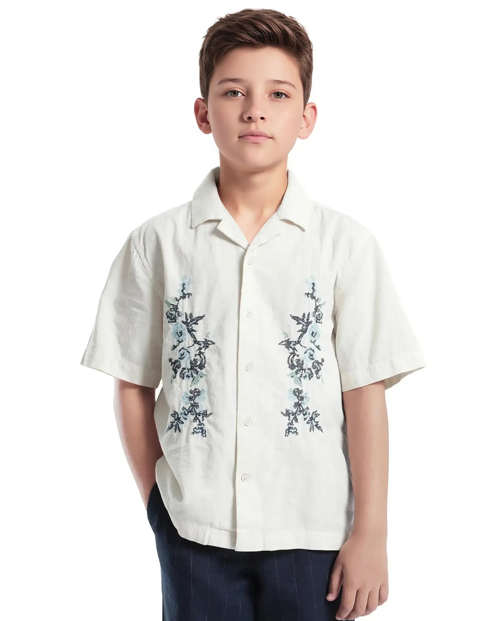 Rare Ones Kids Mila Light Beige Cotton Half Sleeve Embroidered Button Closure Regular Fit Shirt