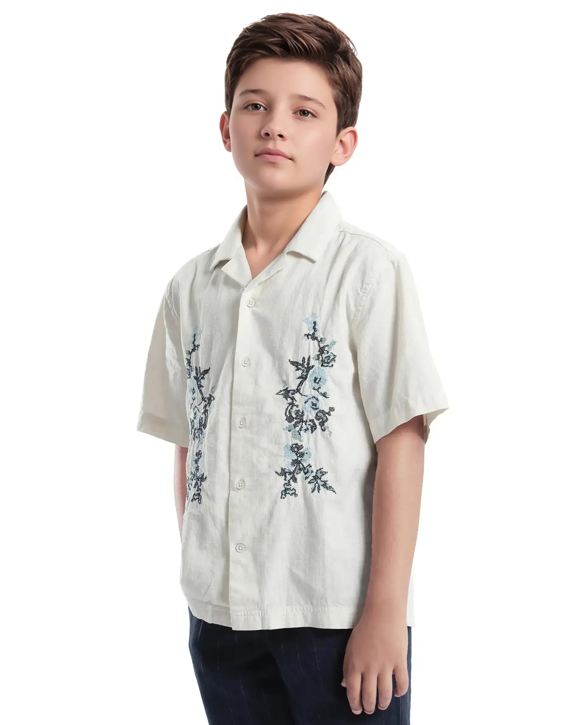 Rare Ones Kids Mila Light Beige Cotton Half Sleeve Embroidered Button Closure Regular Fit Shirt