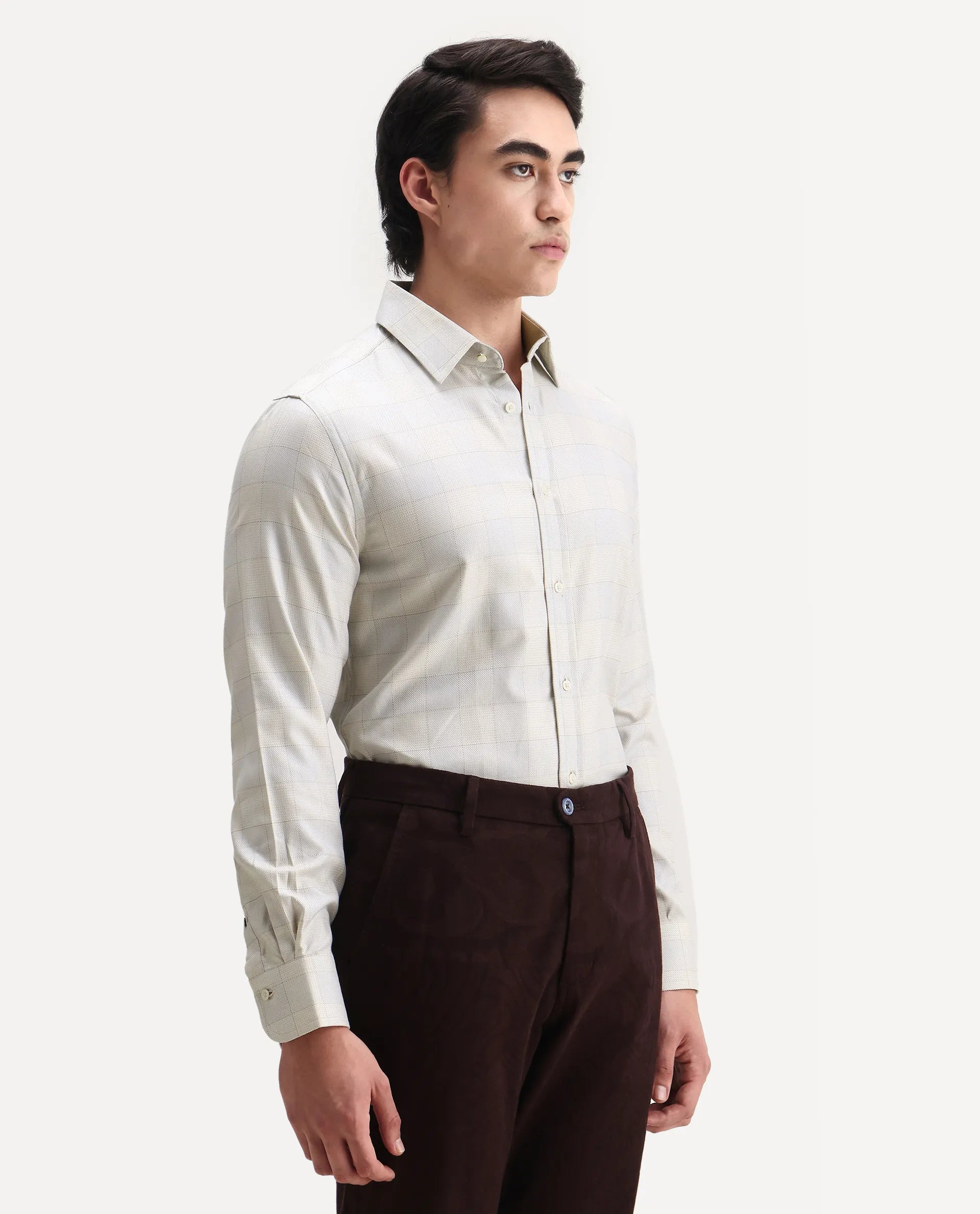 Rare Rabbit Men's Mila Beige Cotton Checked Print Regular Fit Full Sleeve Collared Shirt