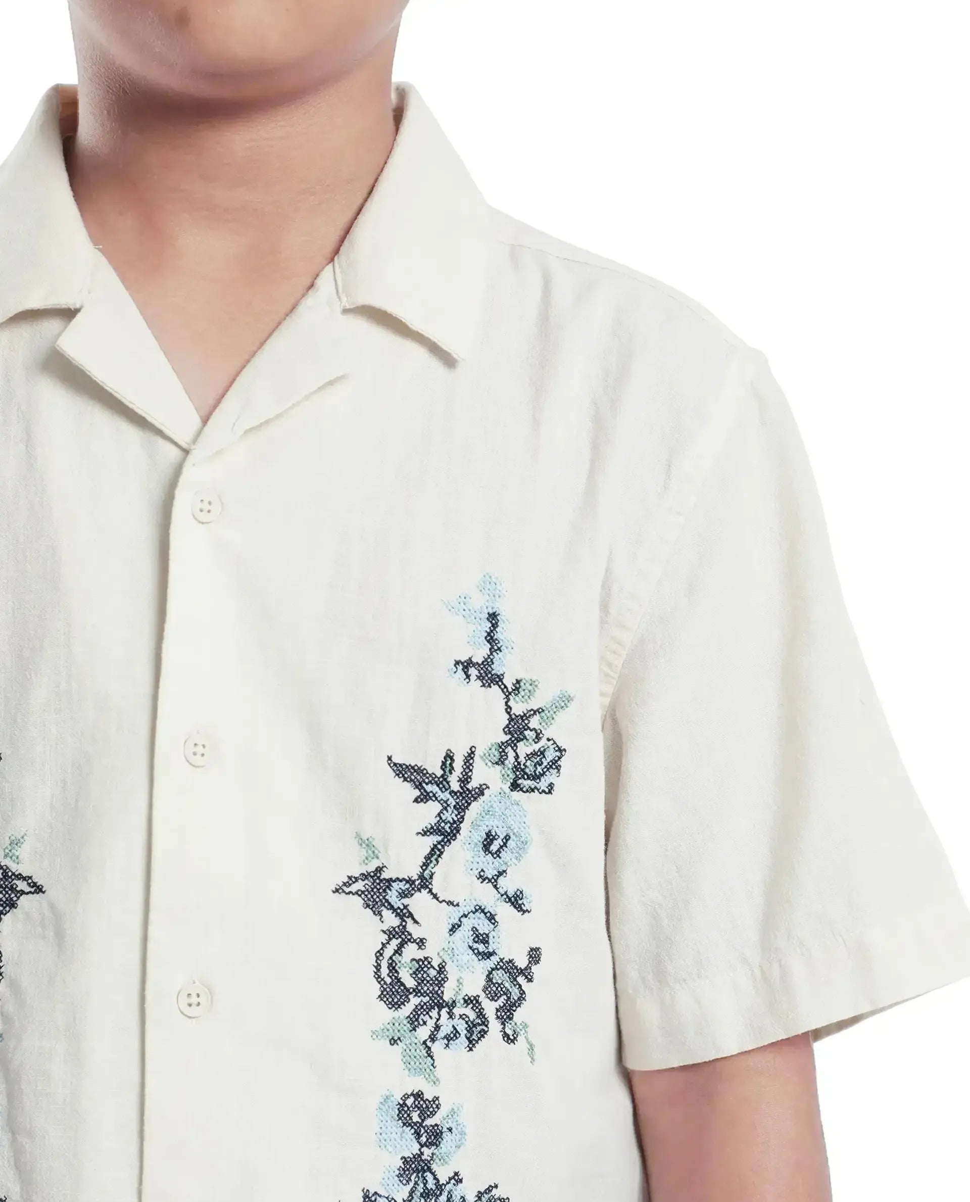 Rare Ones Kids Mila Light Beige Cotton Half Sleeve Embroidered Button Closure Regular Fit Shirt