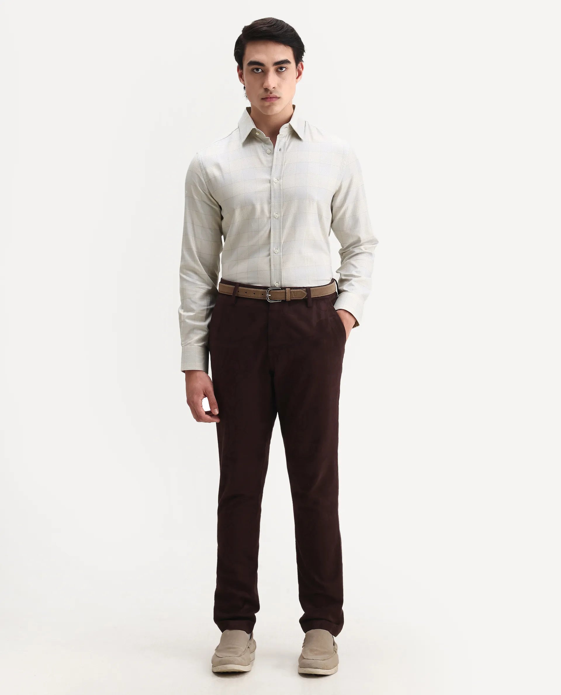 Rare Rabbit Men's Mila Beige Cotton Checked Print Regular Fit Full Sleeve Collared Shirt