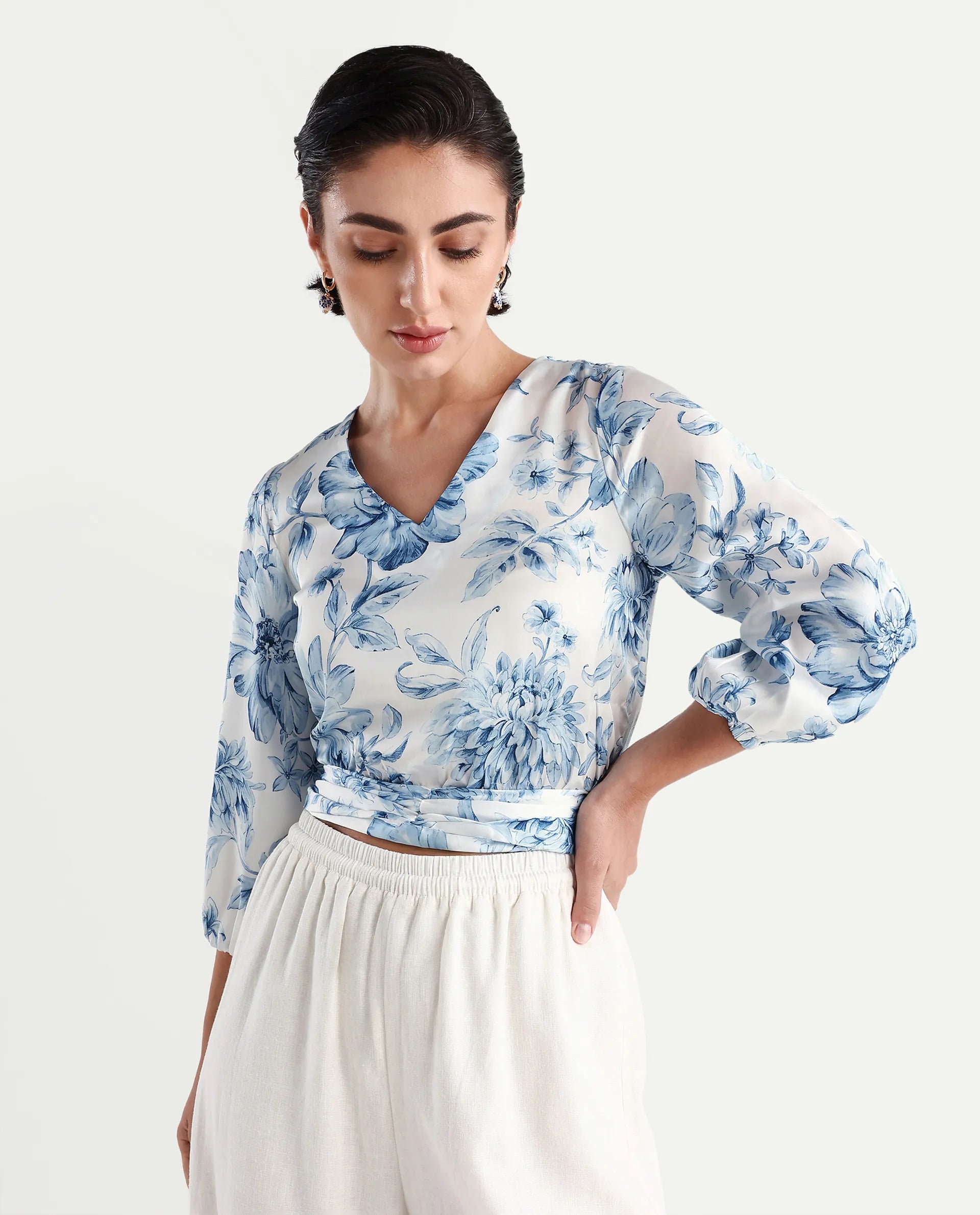 Rareism Women's Milan Light Satin V-Neck Floral Print Bell Sleeve Crop Regular Fit Top
