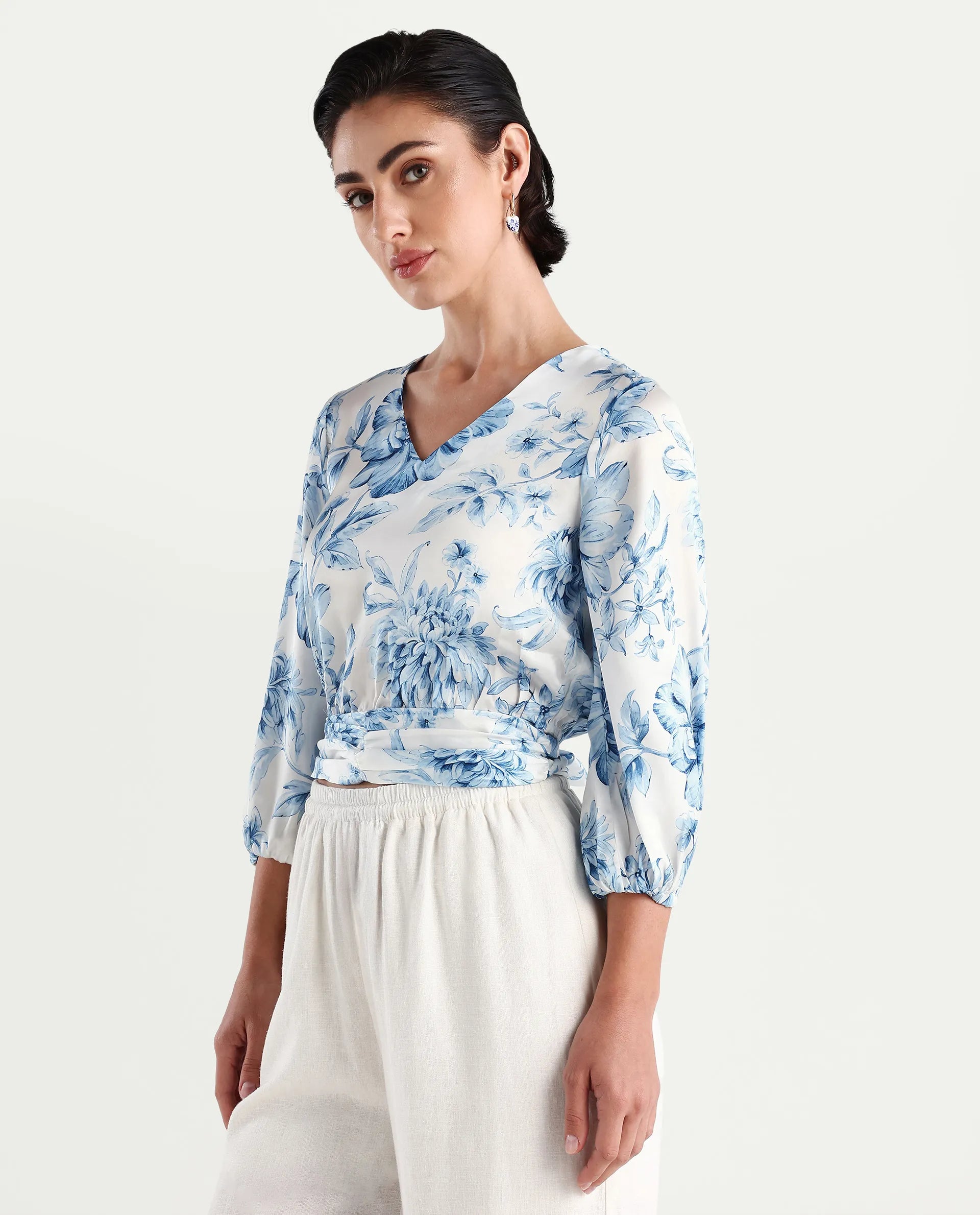 Rareism Women's Milan Light Satin V-Neck Floral Print Bell Sleeve Crop Regular Fit Top