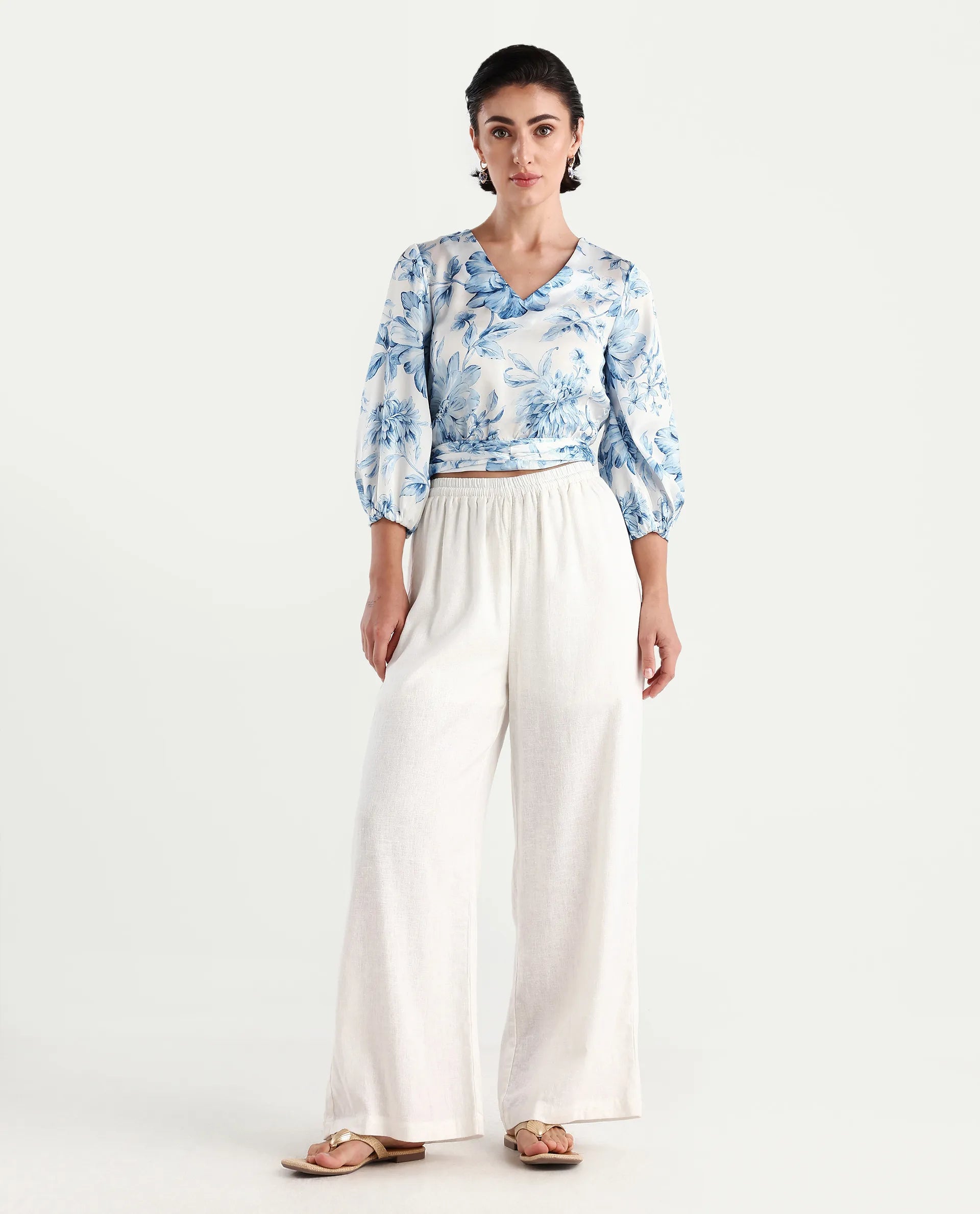 Rareism Women's Milan Light Satin V-Neck Floral Print Bell Sleeve Crop Regular Fit Top