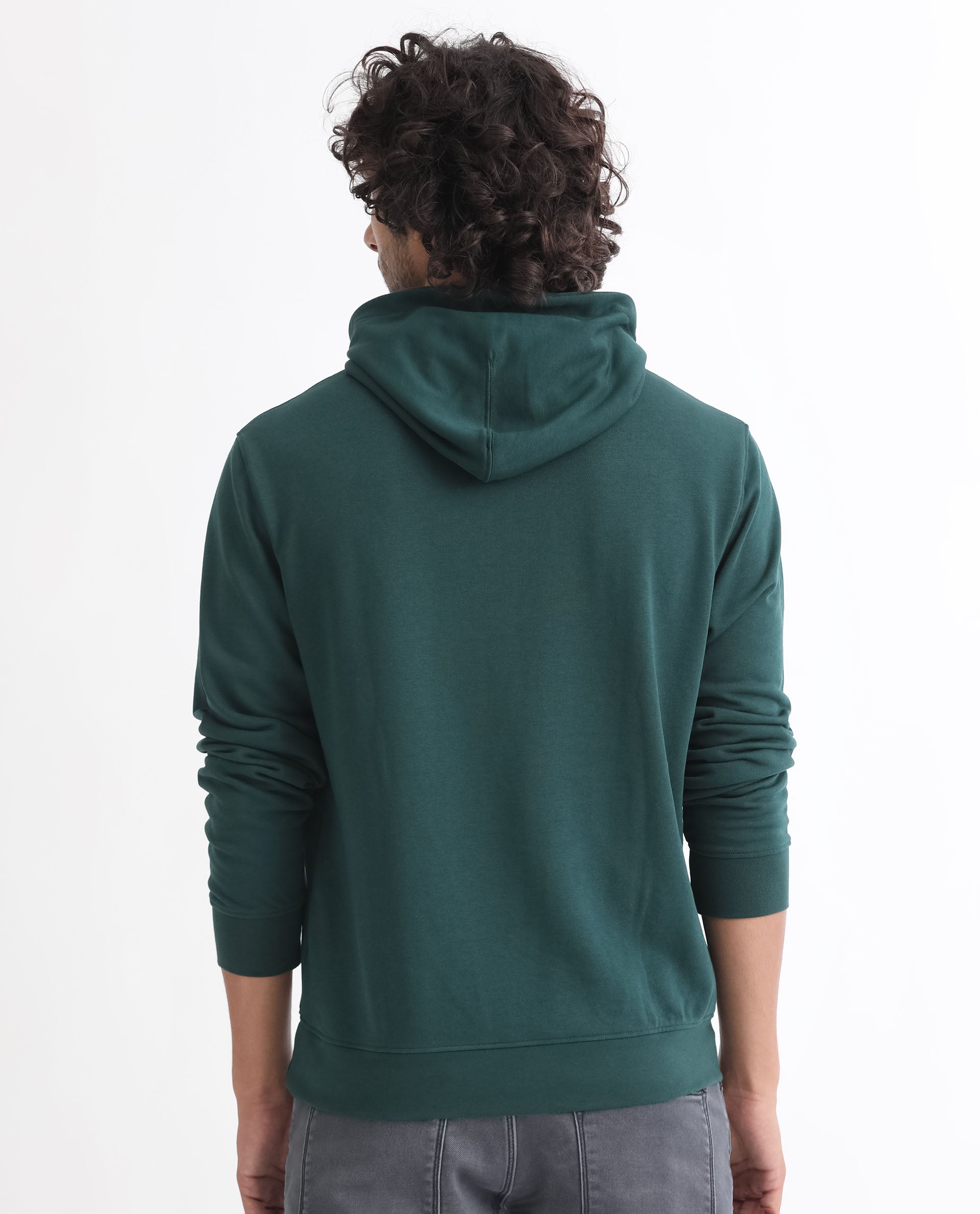 Rare Rabbit Mens Mile Dark Green Cotton Polyester Fabric Full Sleeves Graphic Printed Logo Hooded Sweatshirt