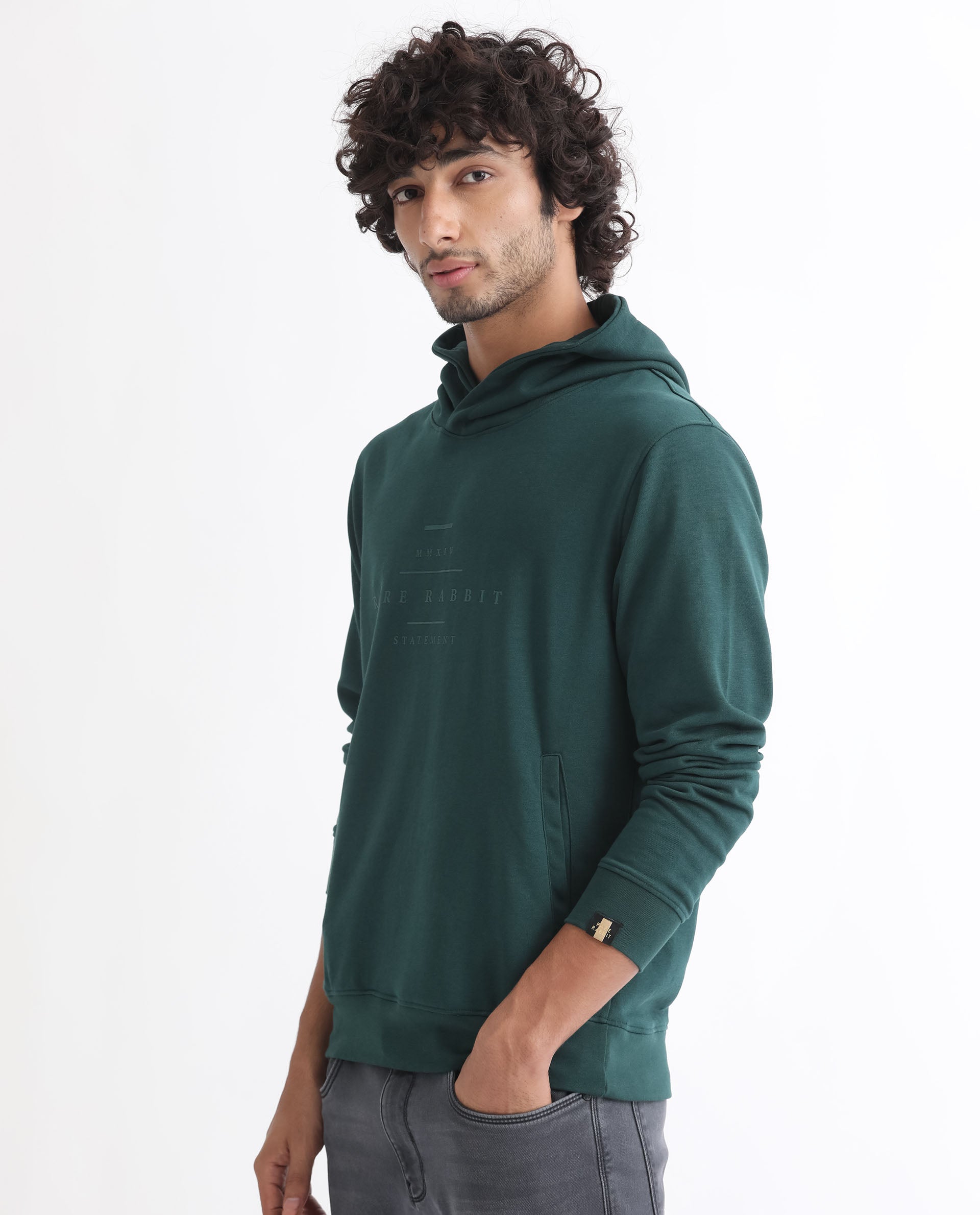Rare Rabbit Mens Mile Dark Green Cotton Polyester Fabric Full Sleeves Graphic Printed Logo Hooded Sweatshirt
