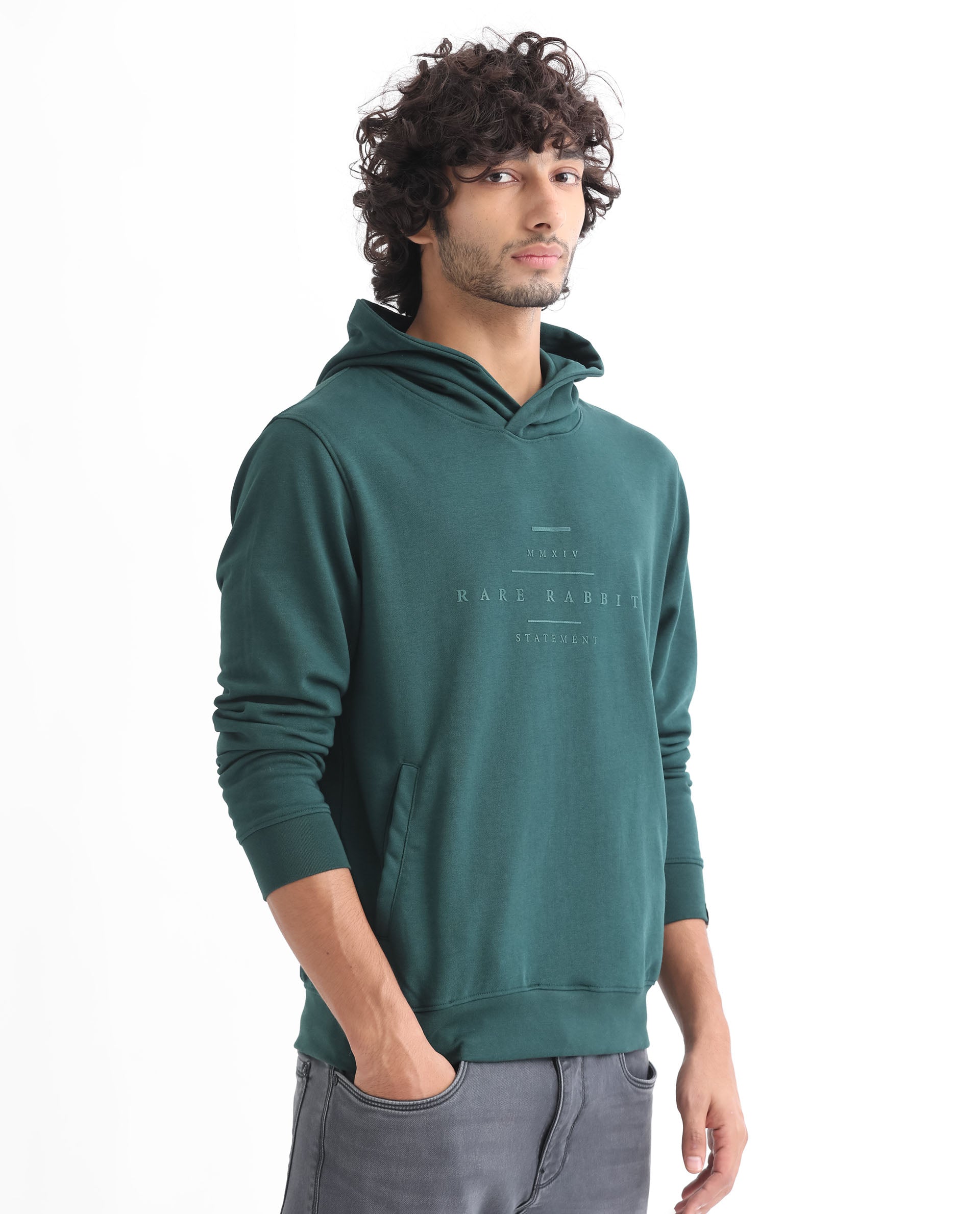 Rare Rabbit Mens Mile Dark Green Cotton Polyester Fabric Full Sleeves Graphic Printed Logo Hooded Sweatshirt